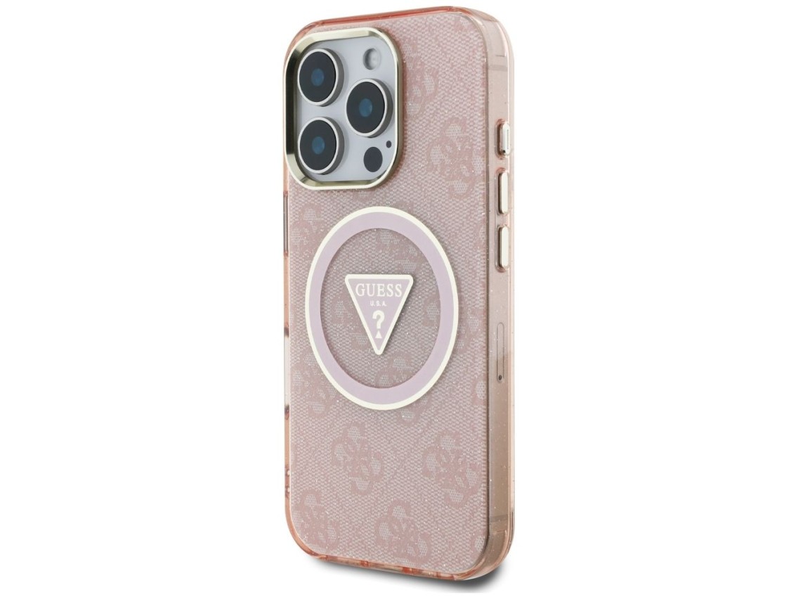 Guess IML Metal Glitter 4G Circle Triangle MagSafe Case for iPhone 16 Pro Max - Pink