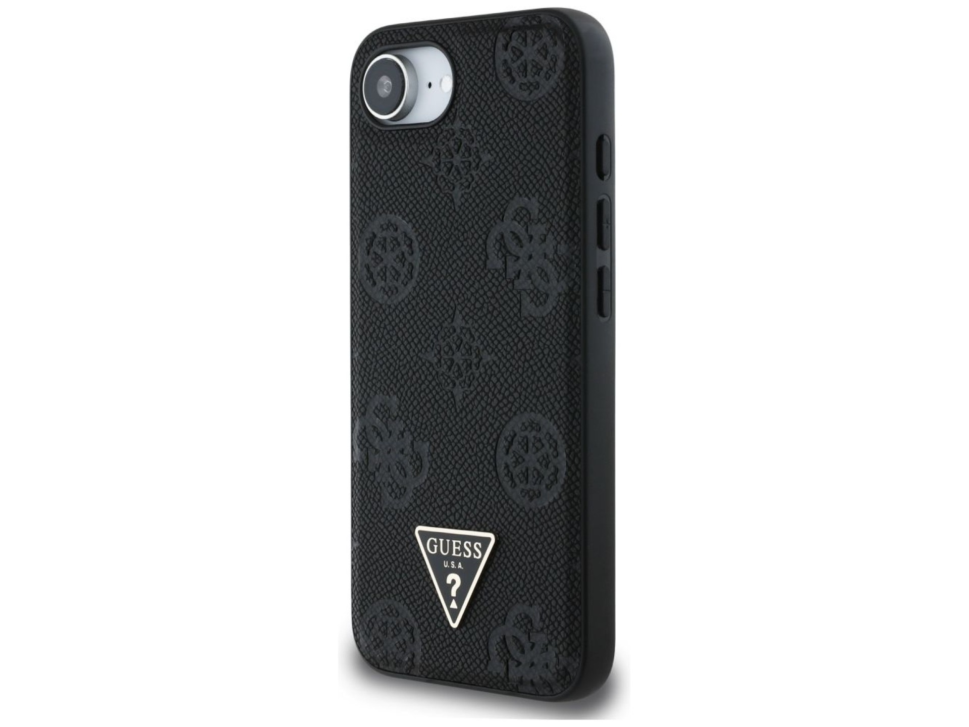 Capa MagSafe Guess com estampa texturizada de peônias e triângulos para iPhone 16e - Preta