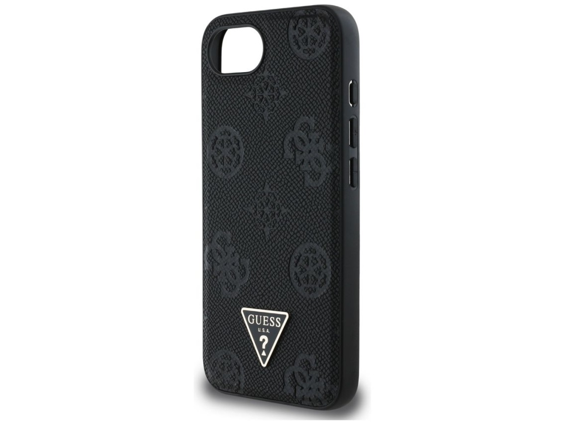 Capa MagSafe Guess com estampa texturizada de peônias e triângulos para iPhone 16e - Preta