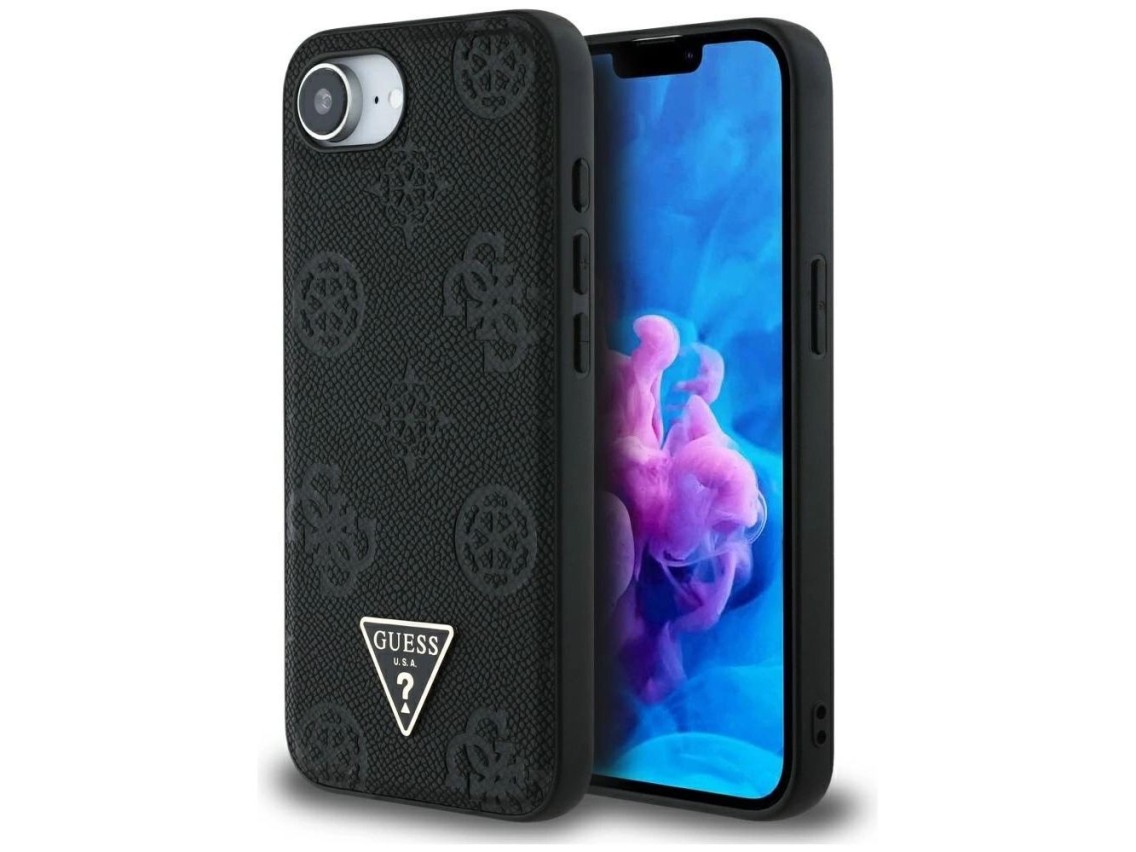Capa MagSafe Guess com estampa texturizada de peônias e triângulos para iPhone 16e - Preta