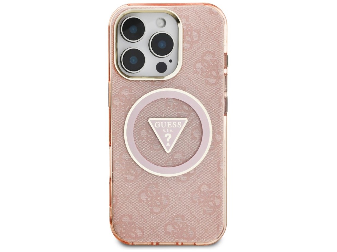 Funda Guess IML Metal Glitter 4G Circle Triangle MagSafe para iPhone 16 Pro - Rosa