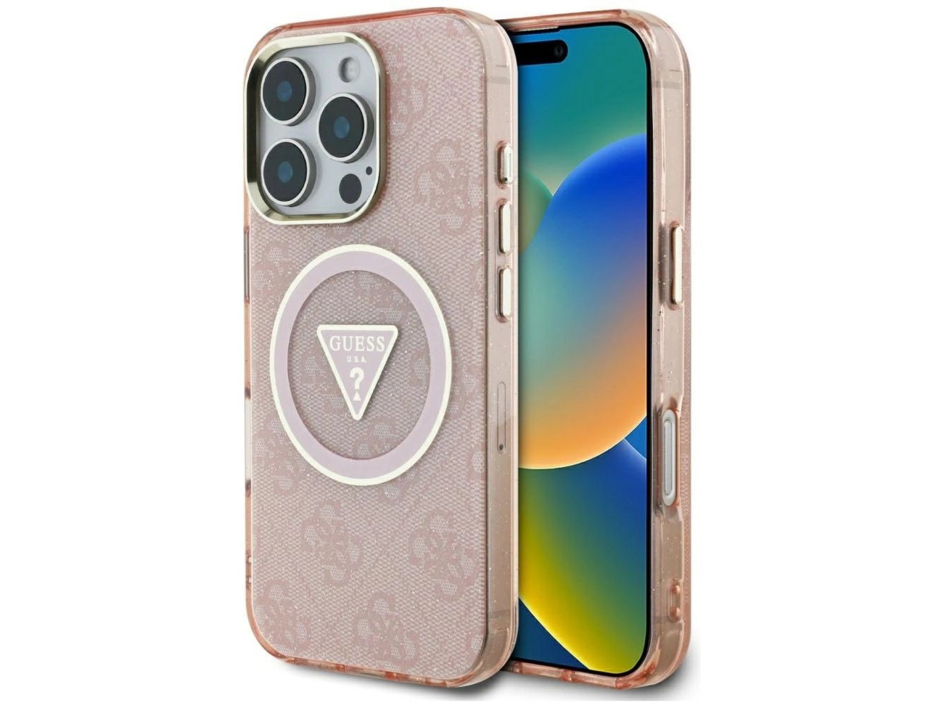 Guess IML Metal Glitter 4G Circle Triangle MagSafe Case for iPhone 16 Pro Max - Pink
