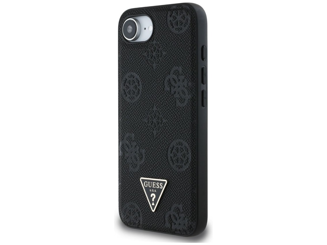 Capa MagSafe Guess com estampa texturizada de peônias e triângulos para iPhone 16e - Preta