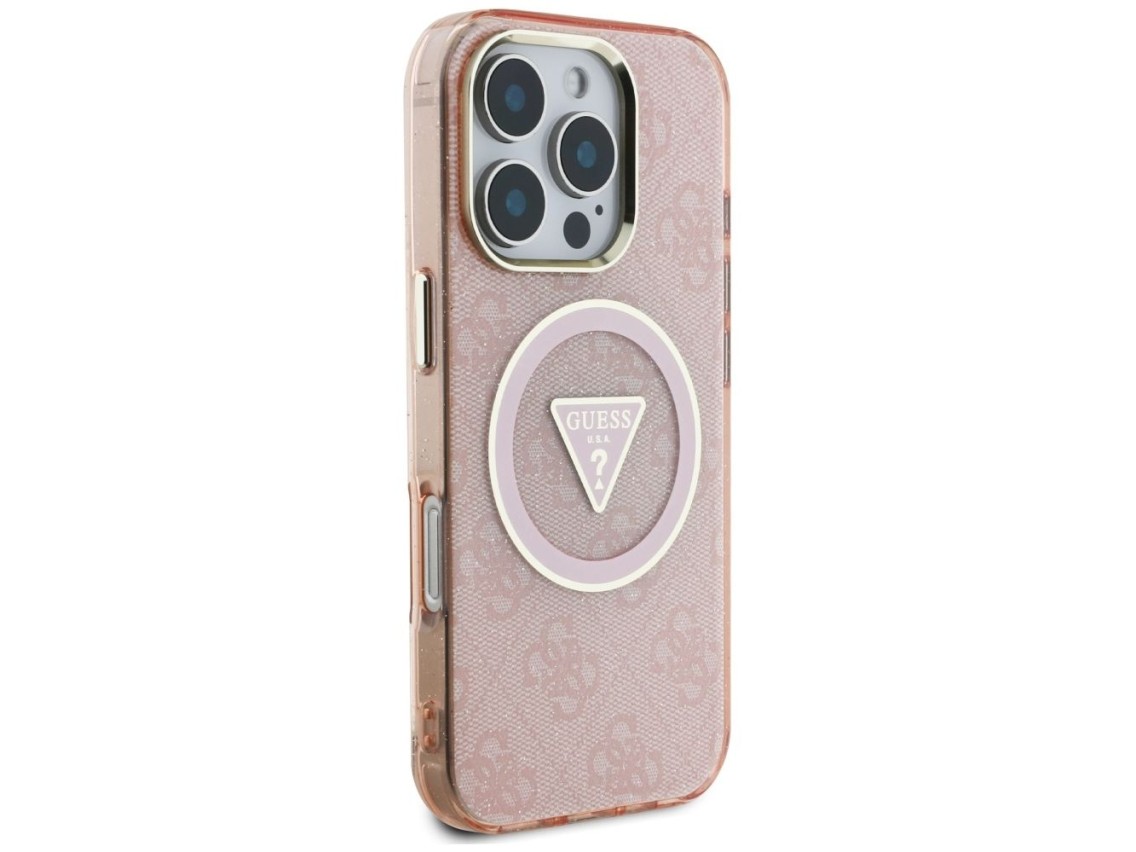 Funda Guess IML Metal Glitter 4G Circle Triangle MagSafe para iPhone 16 Pro - Rosa