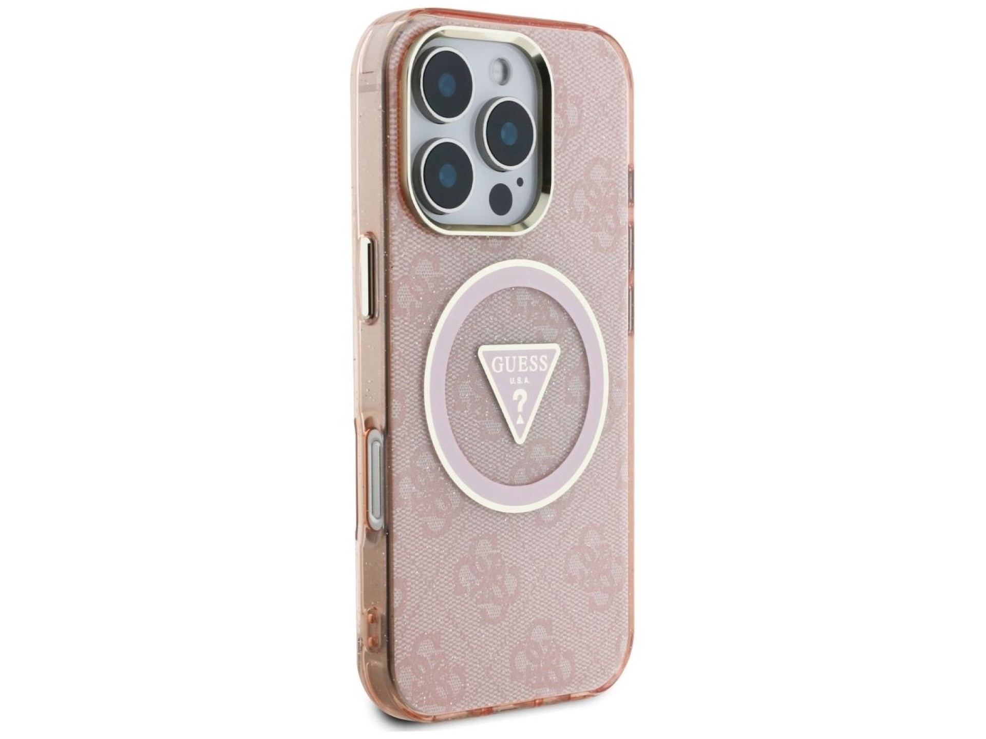 Funda Guess IML Metal Glitter 4G Circle Triangle MagSafe para iPhone 16 Pro - Rosa