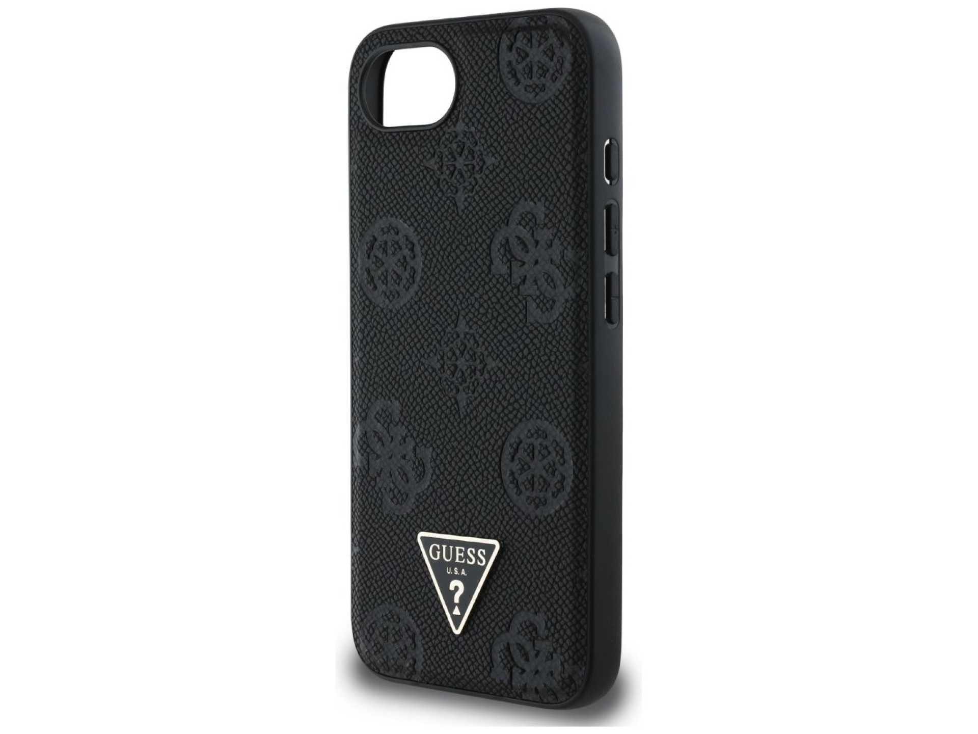 Capa MagSafe Guess com estampa texturizada de peônias e triângulos para iPhone 16e - Preta