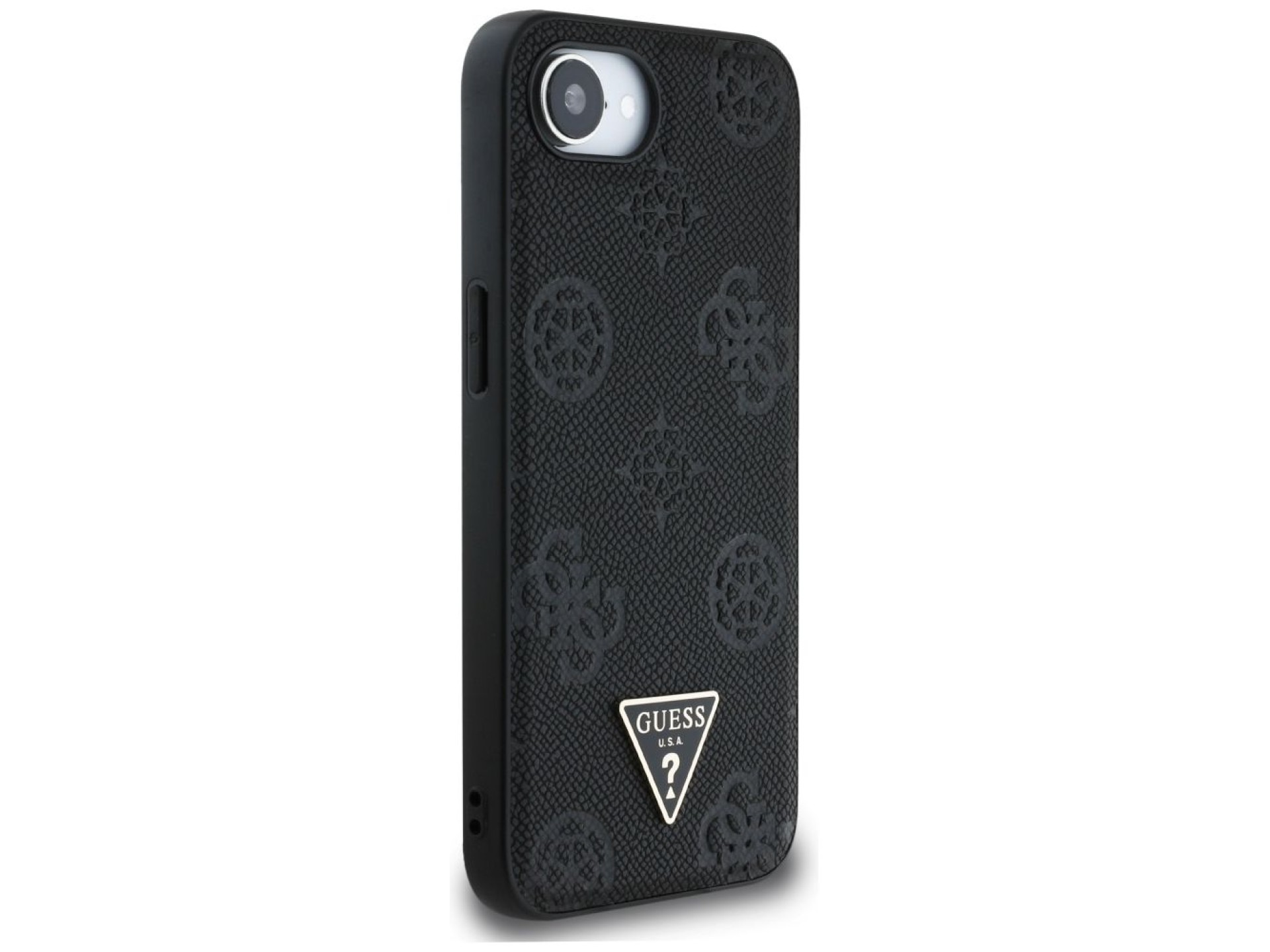Capa MagSafe Guess com estampa texturizada de peônias e triângulos para iPhone 16e - Preta