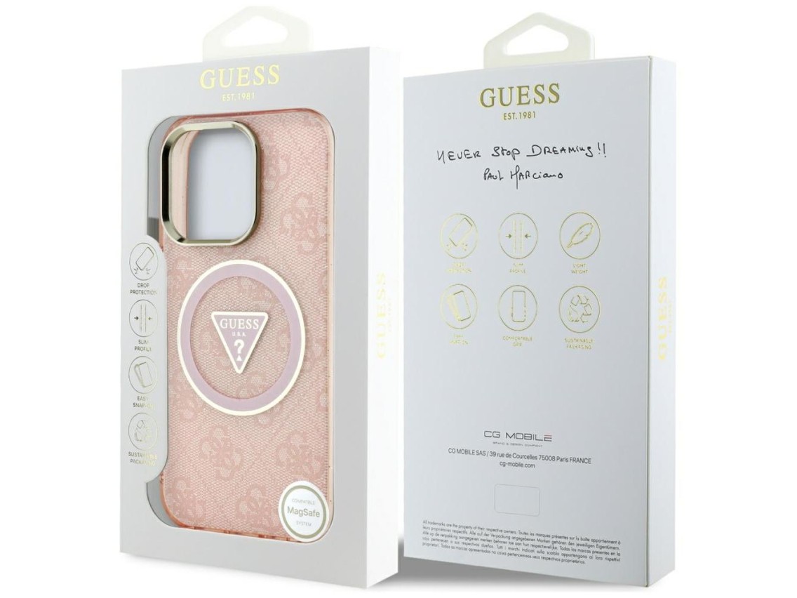 Funda Guess IML Metal Glitter 4G Circle Triangle MagSafe para iPhone 16 Pro - Rosa
