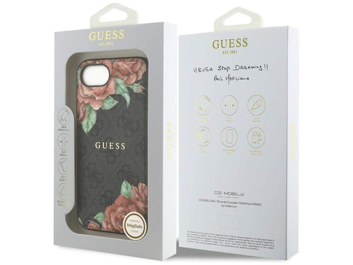 Guess 4G Flowers Print MagSafe case for iPhone 16e - black