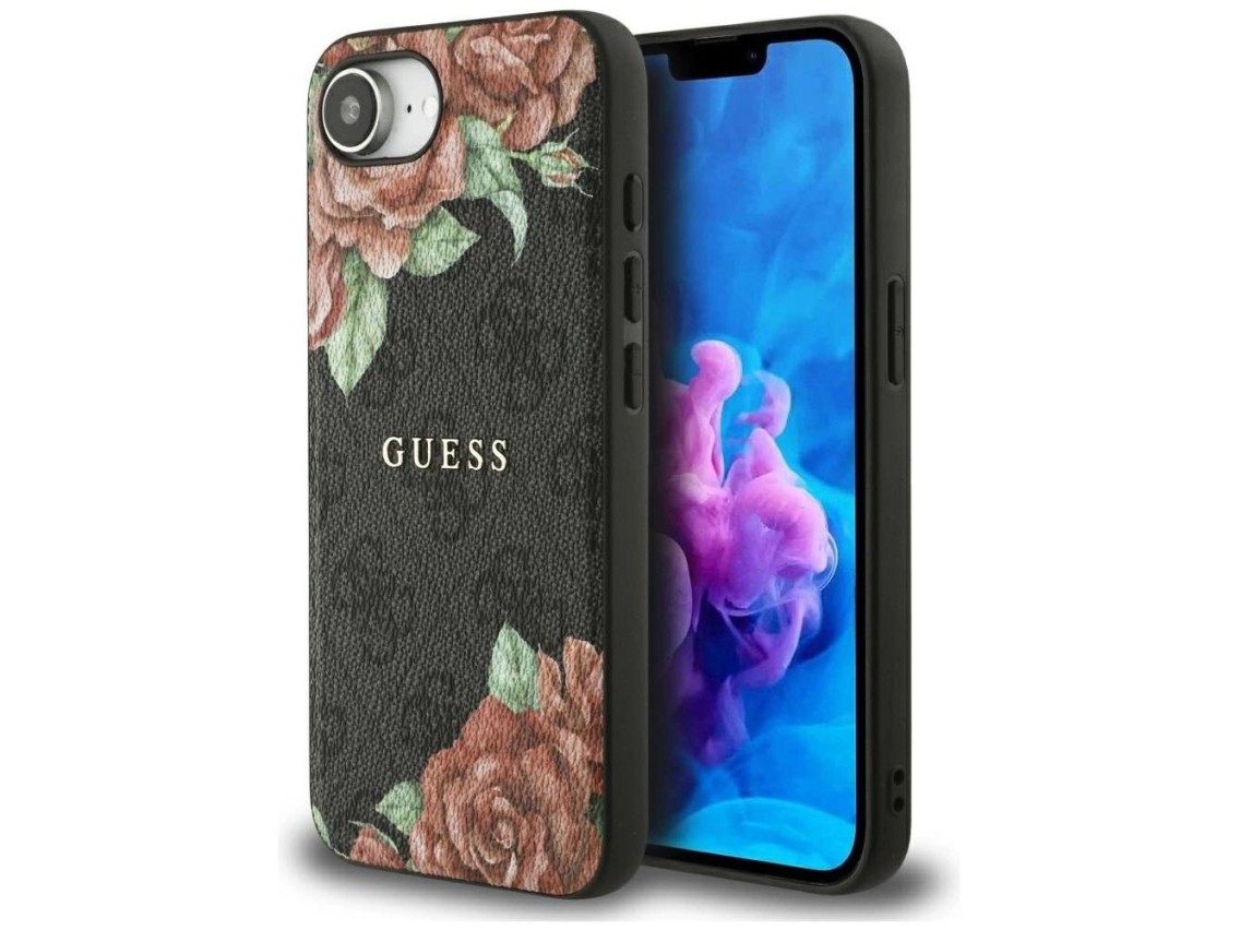 Guess 4G Flowers Print MagSafe case for iPhone 16e - black