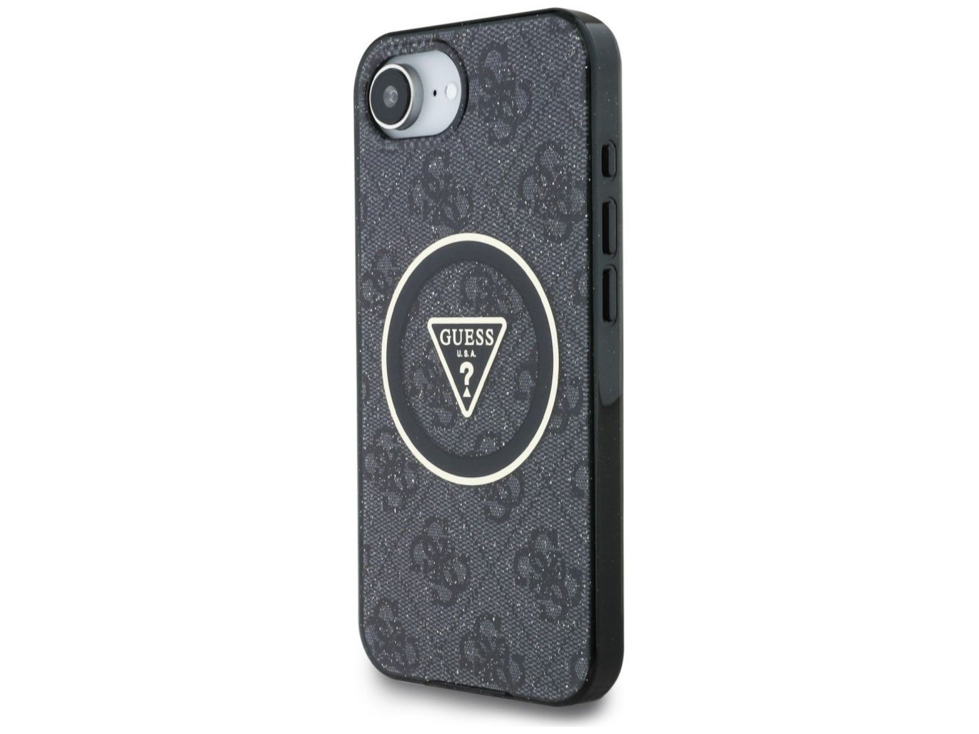 Funda Guess IML Metal Glitter 4G Circle Triangle MagSafe para iPhone 16e - Negra