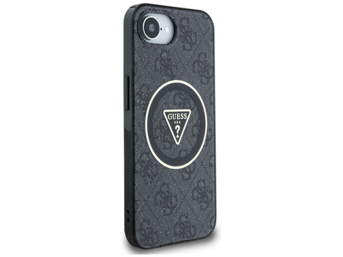 Funda Guess IML Metal Glitter 4G Circle Triangle MagSafe para iPhone 16e - Negra