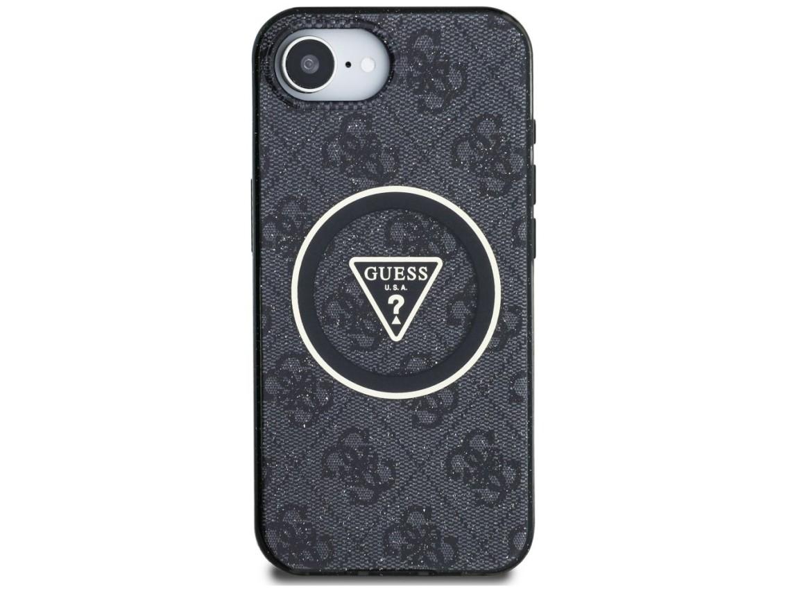 Funda Guess IML Metal Glitter 4G Circle Triangle MagSafe para iPhone 16e - Negra