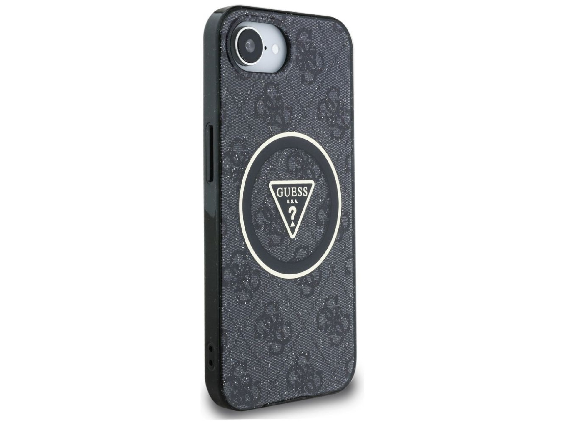 Funda Guess IML Metal Glitter 4G Circle Triangle MagSafe para iPhone 16e - Negra