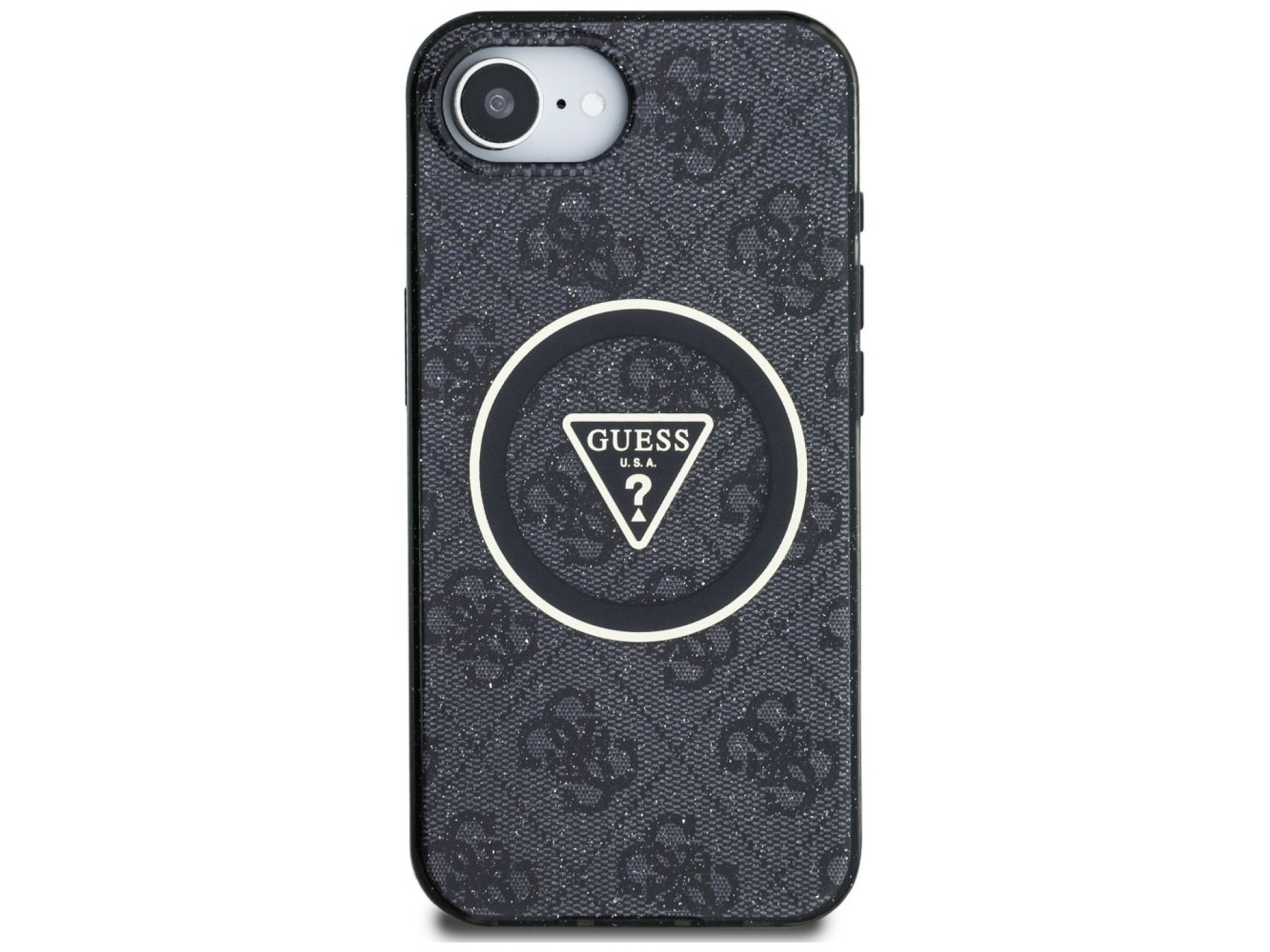Funda Guess IML Metal Glitter 4G Circle Triangle MagSafe para iPhone 16e - Negra