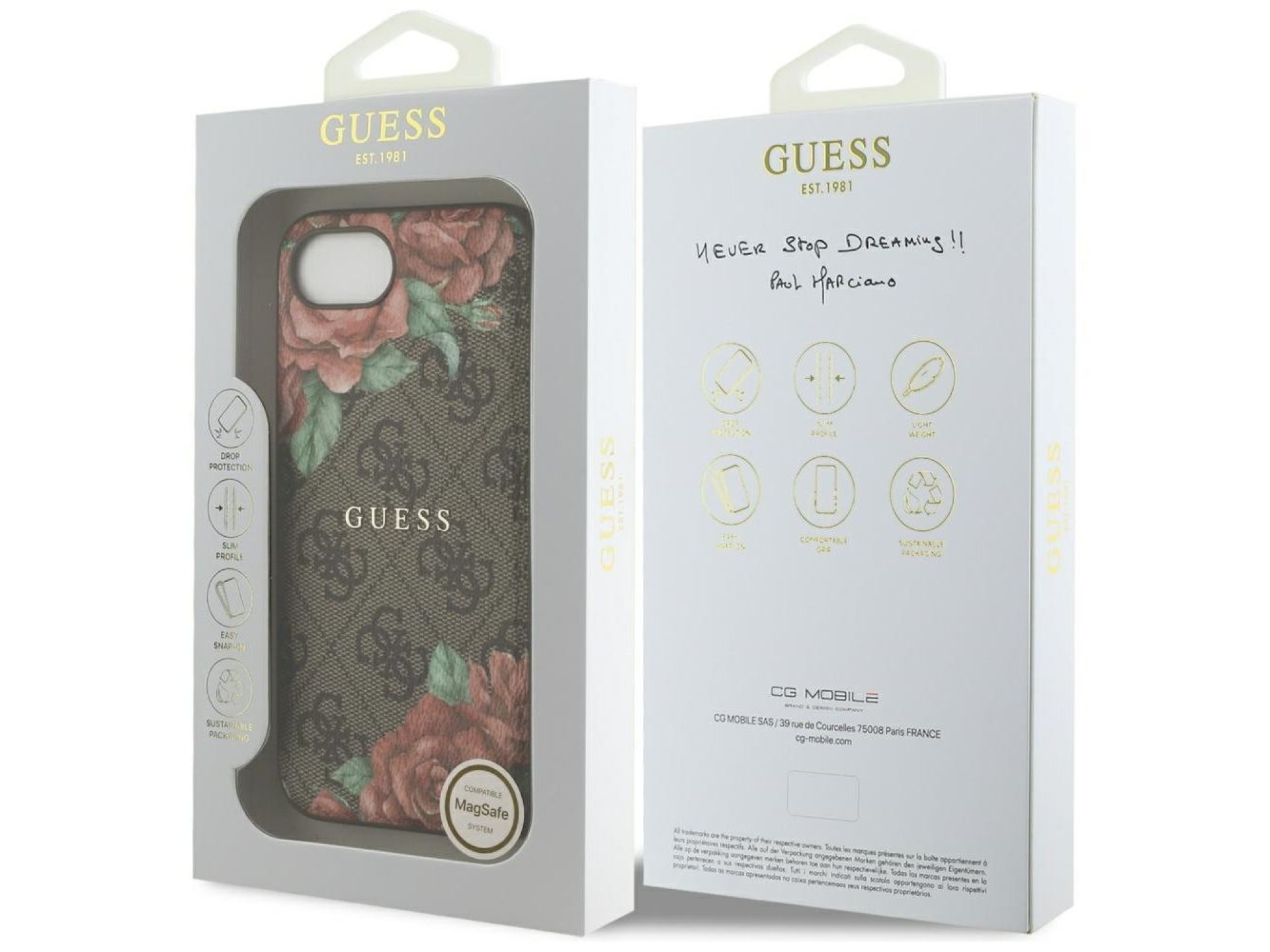 Guess 4G Flowers Print MagSafe case for iPhone 16e - brown