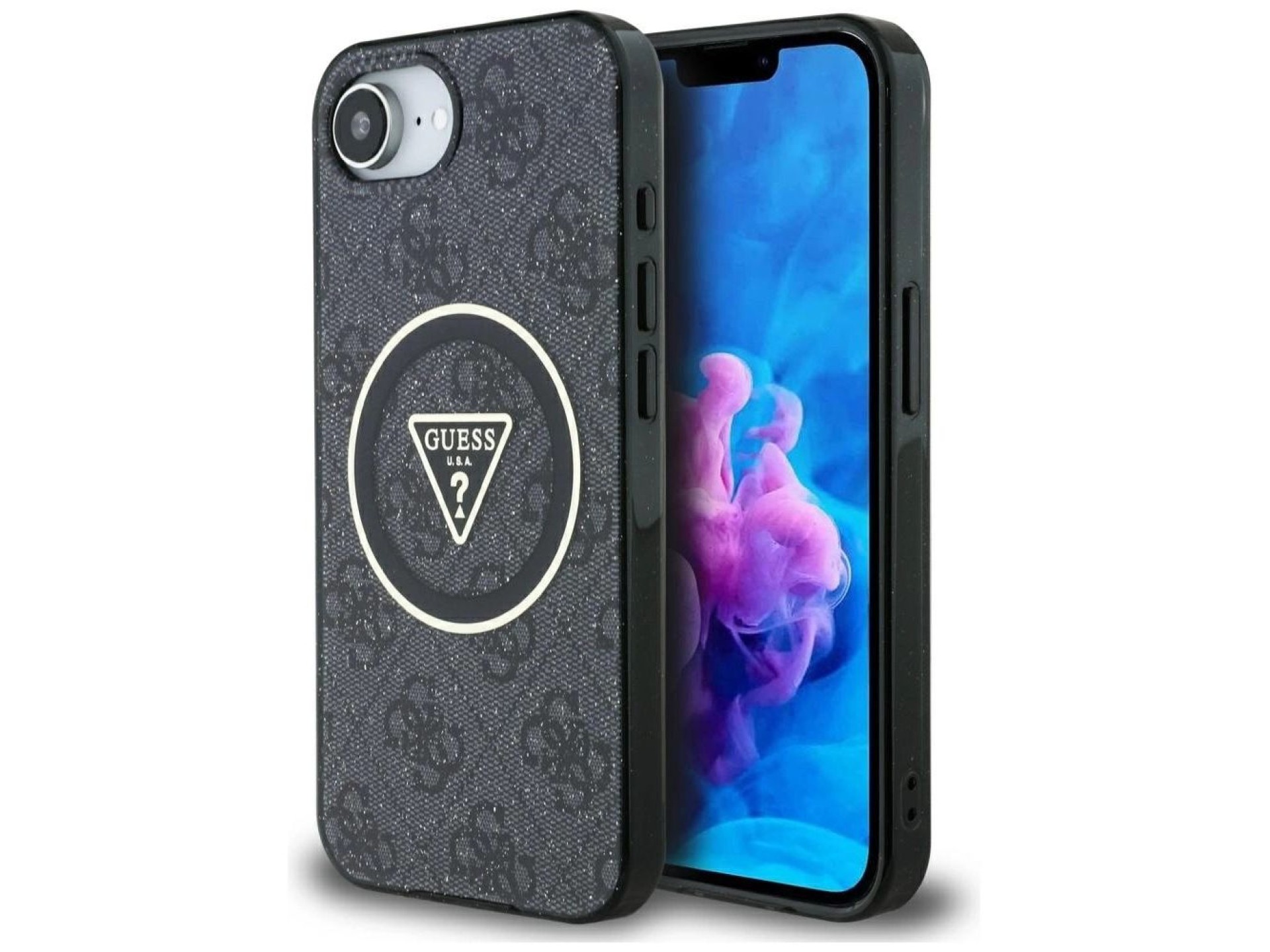 Funda Guess IML Metal Glitter 4G Circle Triangle MagSafe para iPhone 16e - Negra
