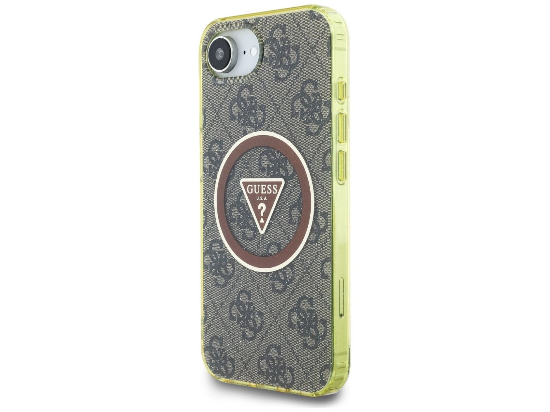 Funda Guess IML Metal Glitter 4G Circle Triangle MagSafe para iPhone 16e - marrón