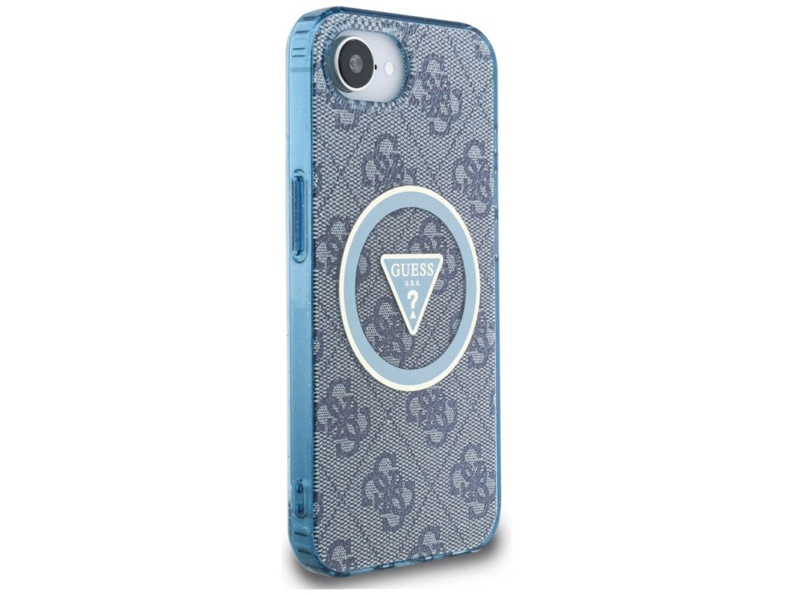 Funda Guess IML Metal Glitter 4G Circle Triangle MagSafe para iPhone 16e - Azul