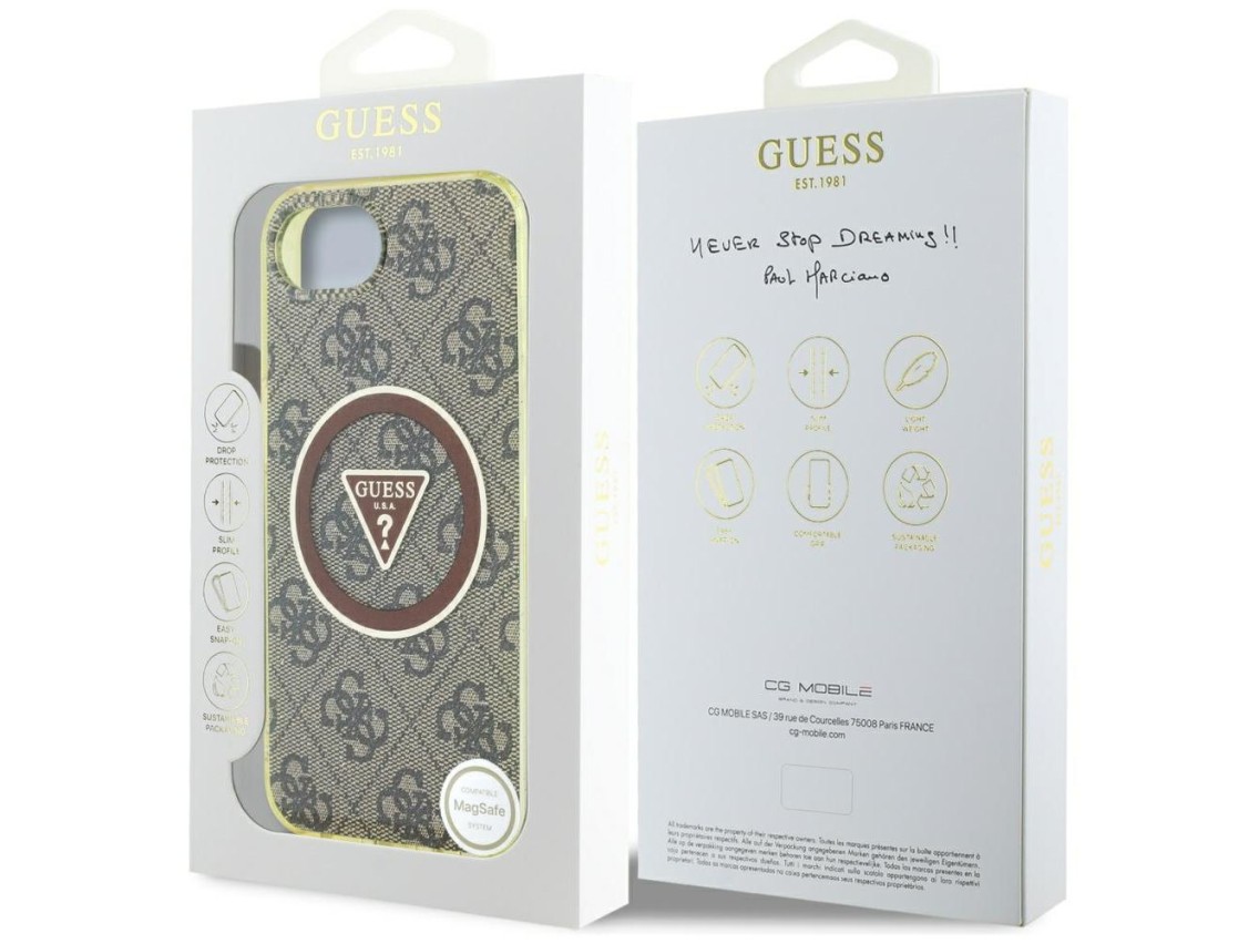 Funda Guess IML Metal Glitter 4G Circle Triangle MagSafe para iPhone 16e - marrón