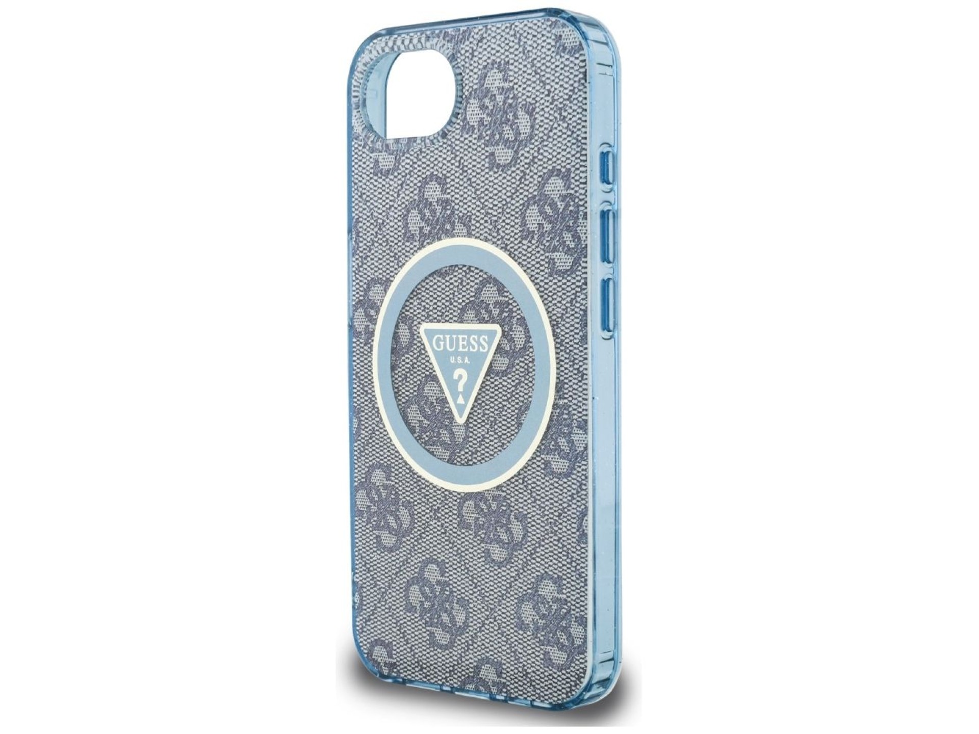 Funda Guess IML Metal Glitter 4G Circle Triangle MagSafe para iPhone 16e - Azul