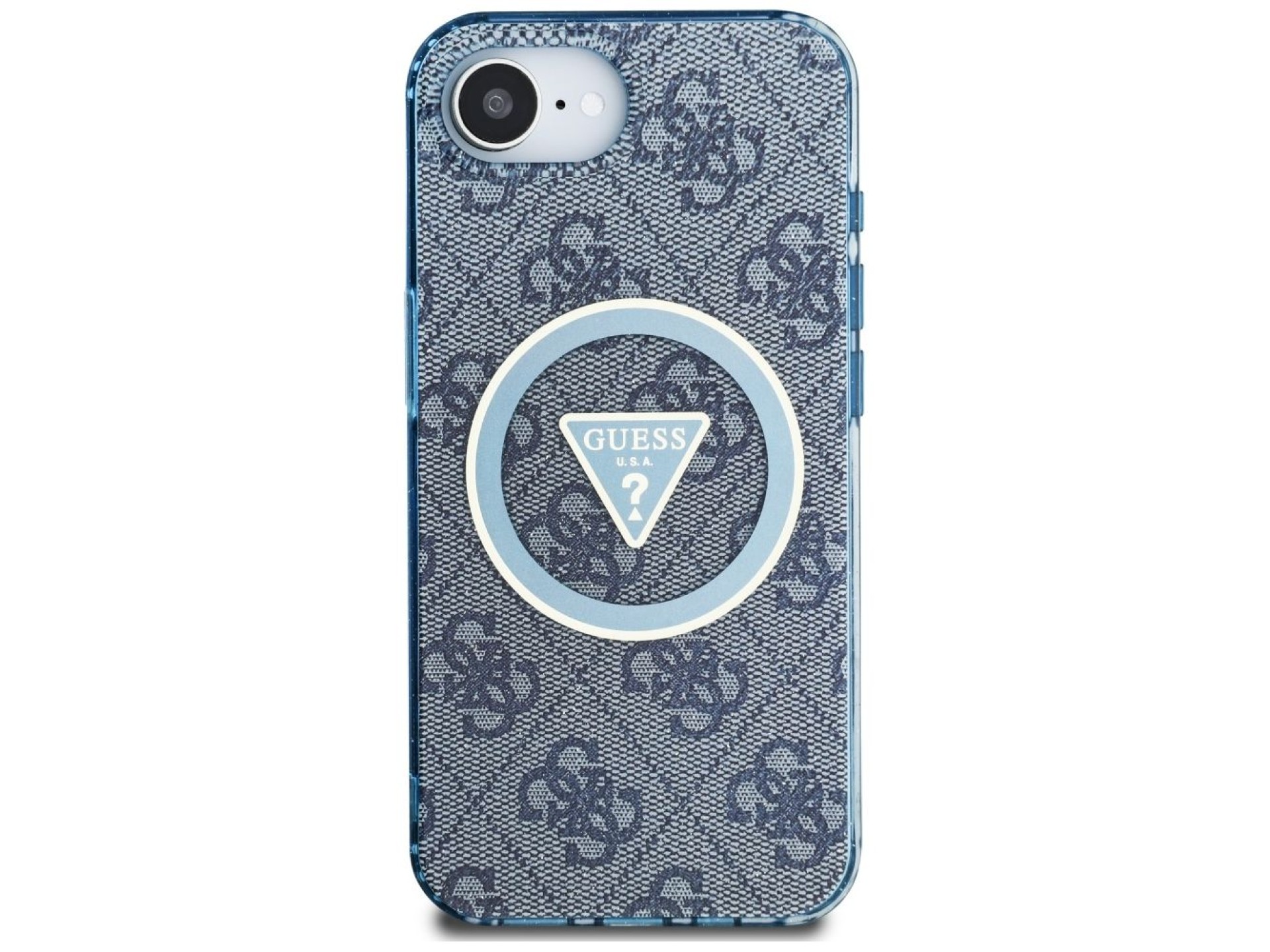 Funda Guess IML Metal Glitter 4G Circle Triangle MagSafe para iPhone 16e - Azul