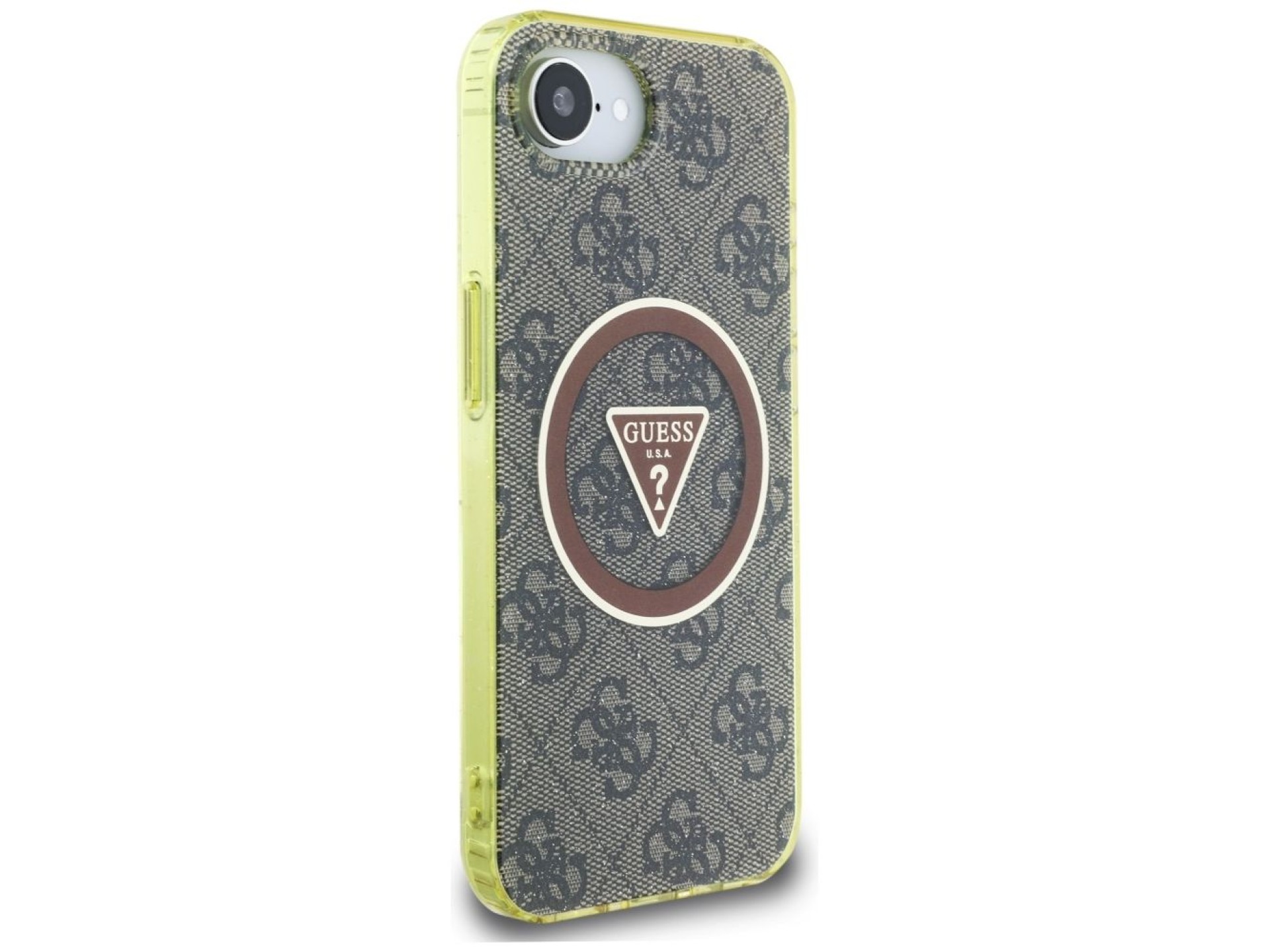 Funda Guess IML Metal Glitter 4G Circle Triangle MagSafe para iPhone 16e - marrón