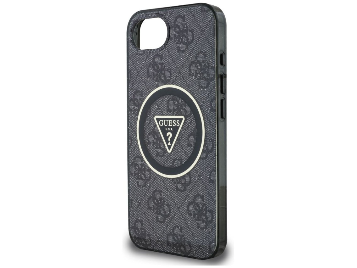 Funda Guess IML Metal Glitter 4G Circle Triangle MagSafe para iPhone 16e - Negra