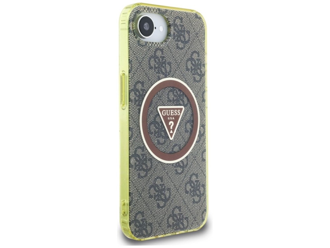 Funda Guess IML Metal Glitter 4G Circle Triangle MagSafe para iPhone 16e - marrón
