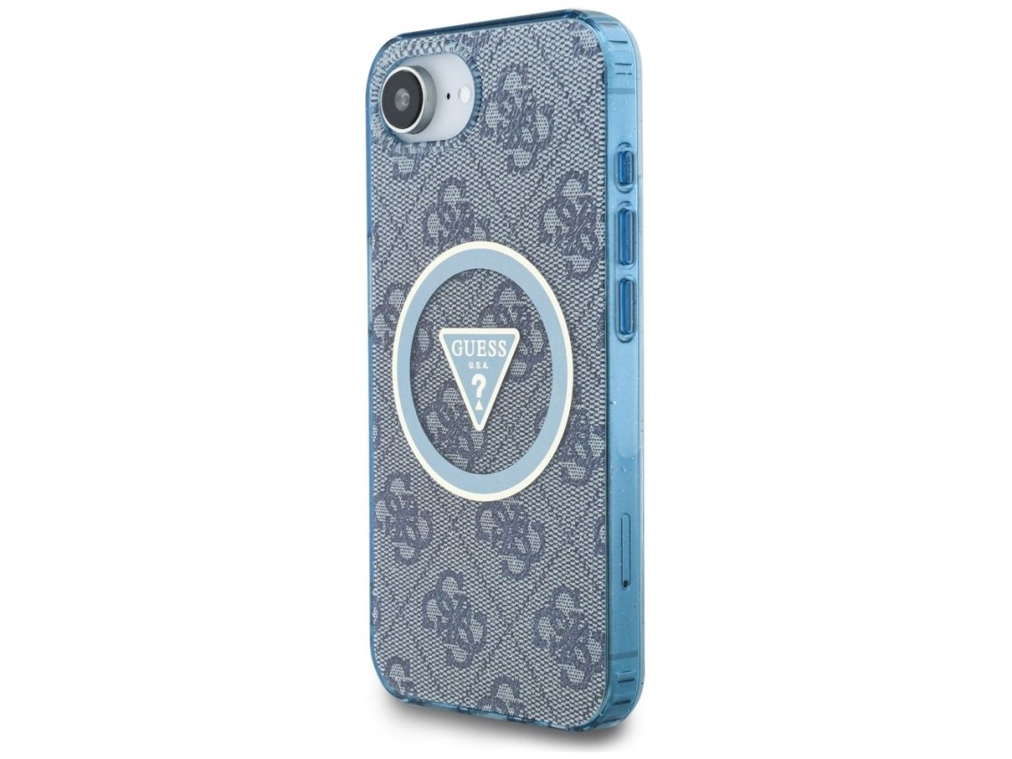 Funda Guess IML Metal Glitter 4G Circle Triangle MagSafe para iPhone 16e - Azul