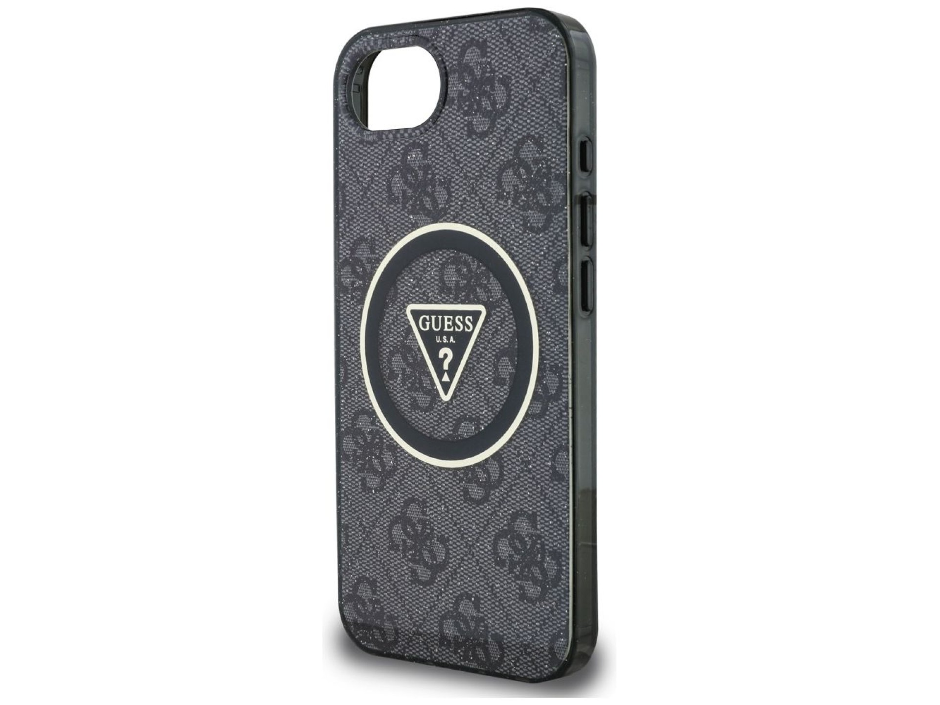 Funda Guess IML Metal Glitter 4G Circle Triangle MagSafe para iPhone 16e - Negra
