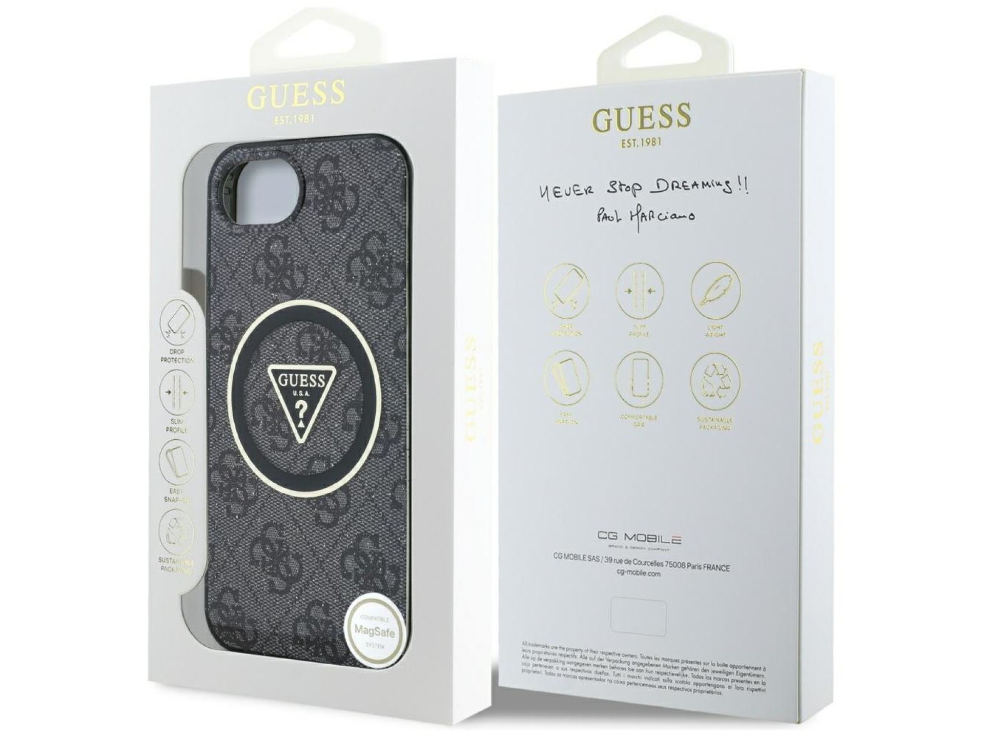 Funda Guess IML Metal Glitter 4G Circle Triangle MagSafe para iPhone 16e - Negra