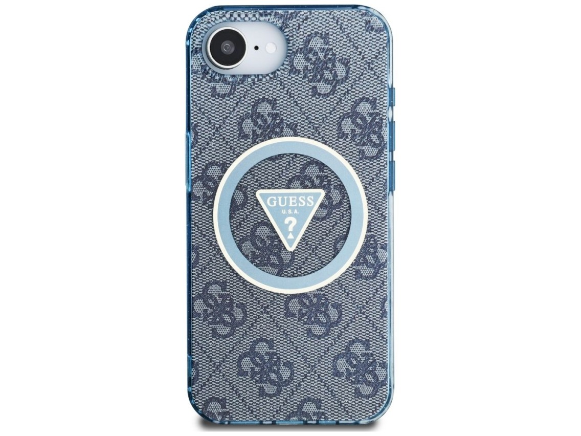 Funda Guess IML Metal Glitter 4G Circle Triangle MagSafe para iPhone 16e - Azul