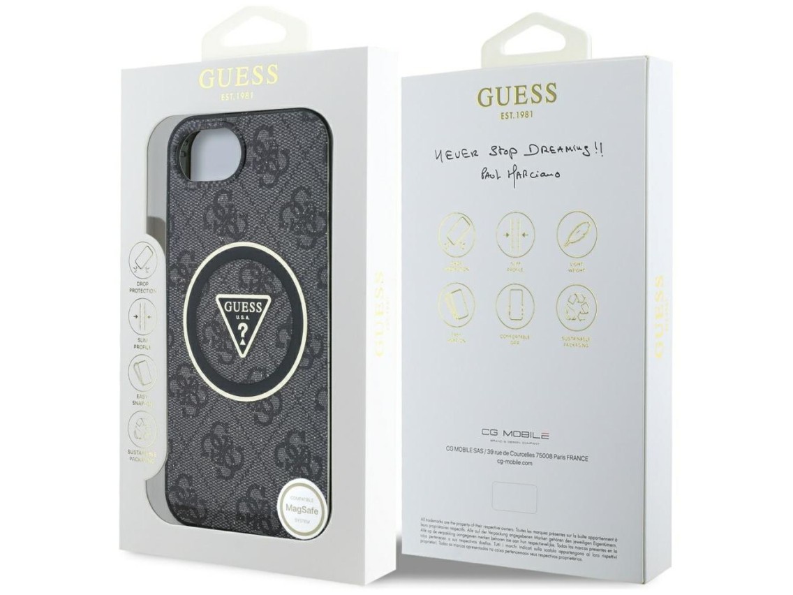 Funda Guess IML Metal Glitter 4G Circle Triangle MagSafe para iPhone 16e - Negra
