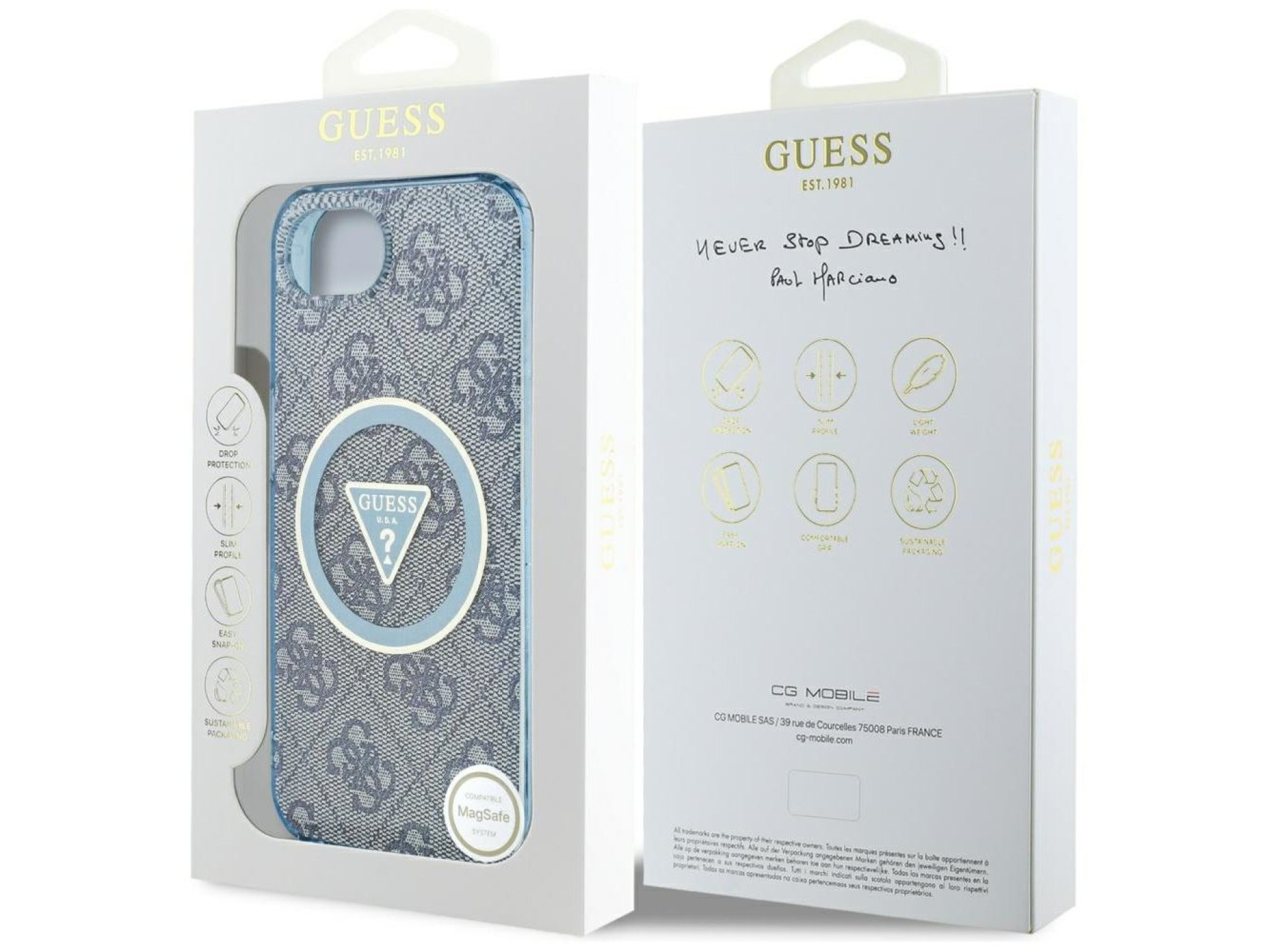 Funda Guess IML Metal Glitter 4G Circle Triangle MagSafe para iPhone 16e - Azul