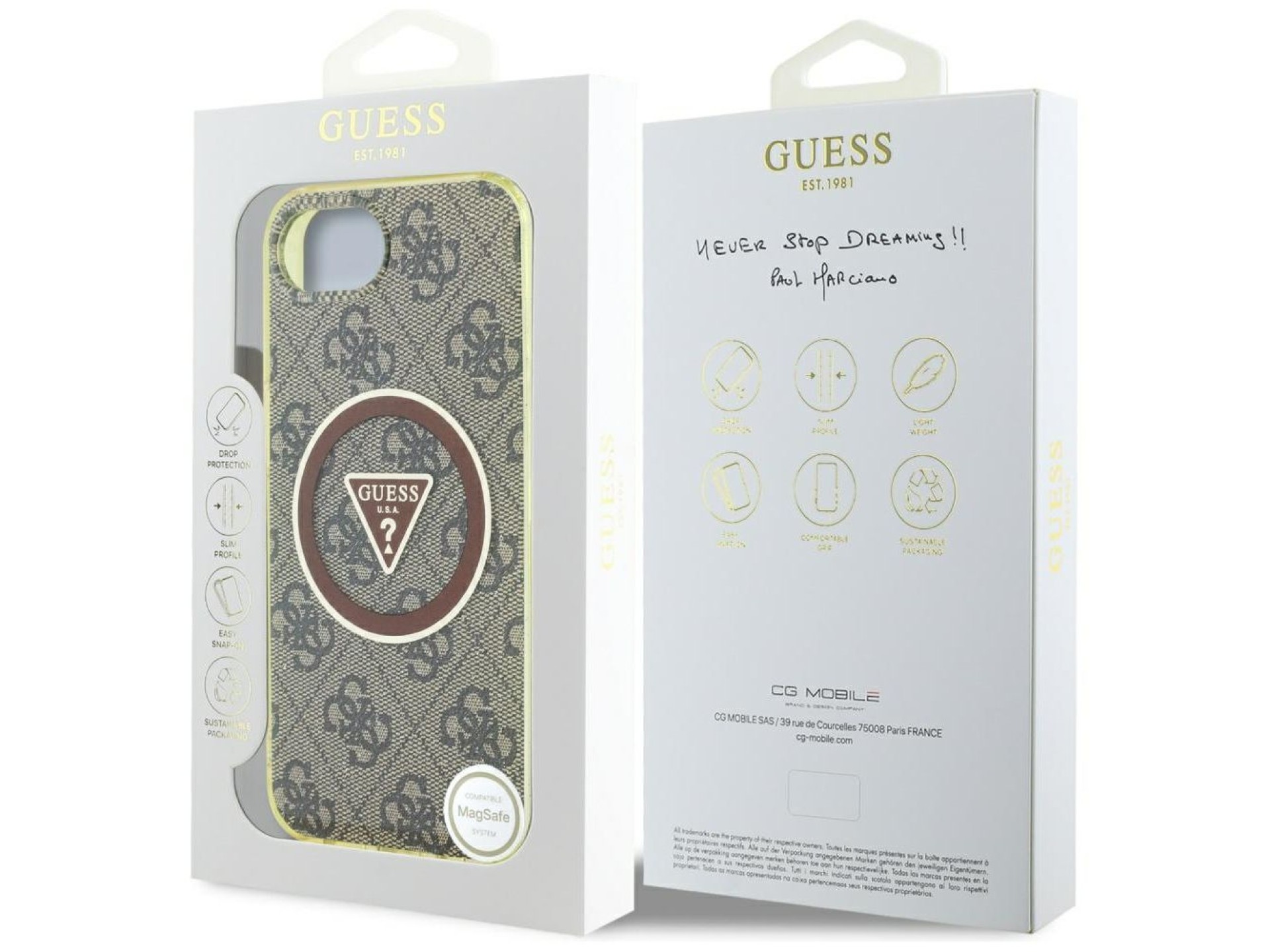 Funda Guess IML Metal Glitter 4G Circle Triangle MagSafe para iPhone 16e - marrón
