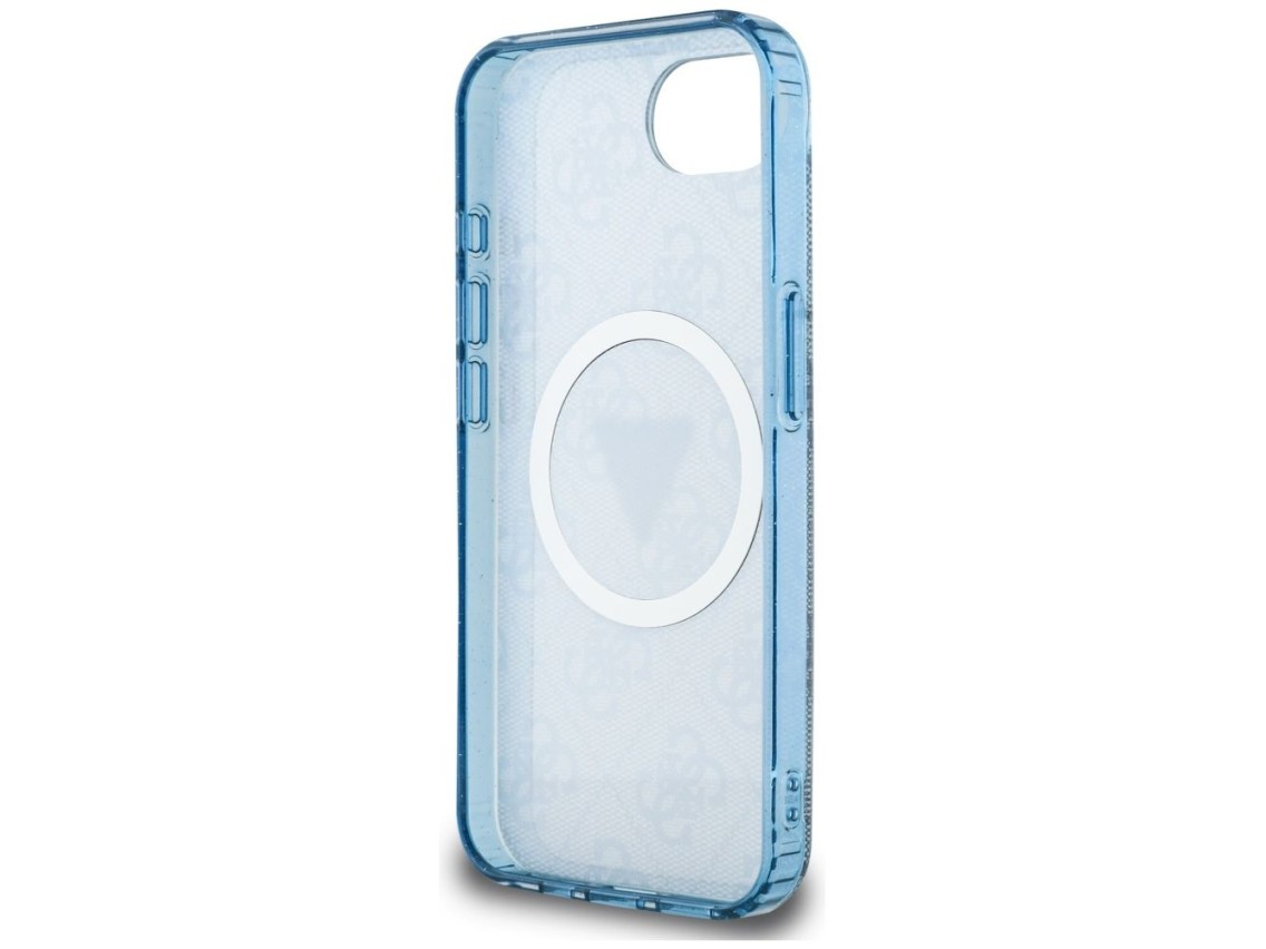 Funda Guess IML Metal Glitter 4G Circle Triangle MagSafe para iPhone 16e - Azul