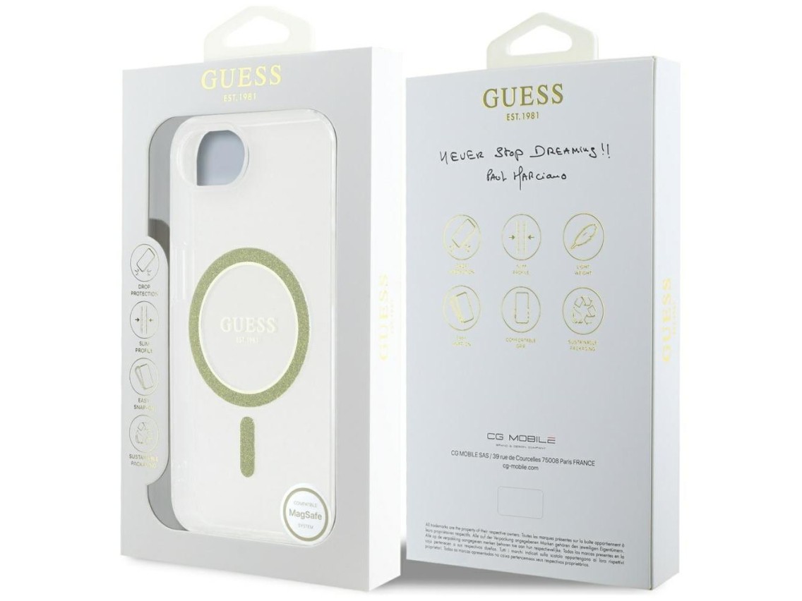Capa Guess IML Glitter Circle MagSafe para iPhone 16e - Transparente
