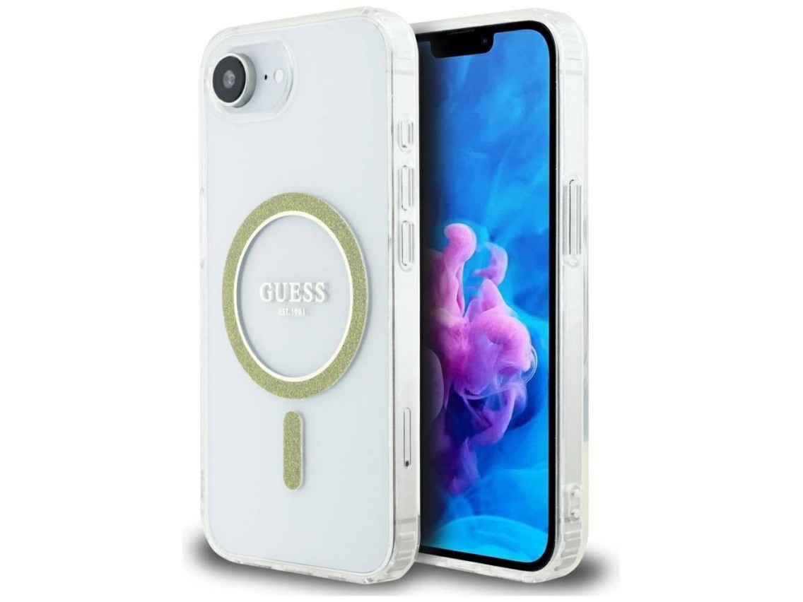 Capa Guess IML Glitter Circle MagSafe para iPhone 16e - Transparente