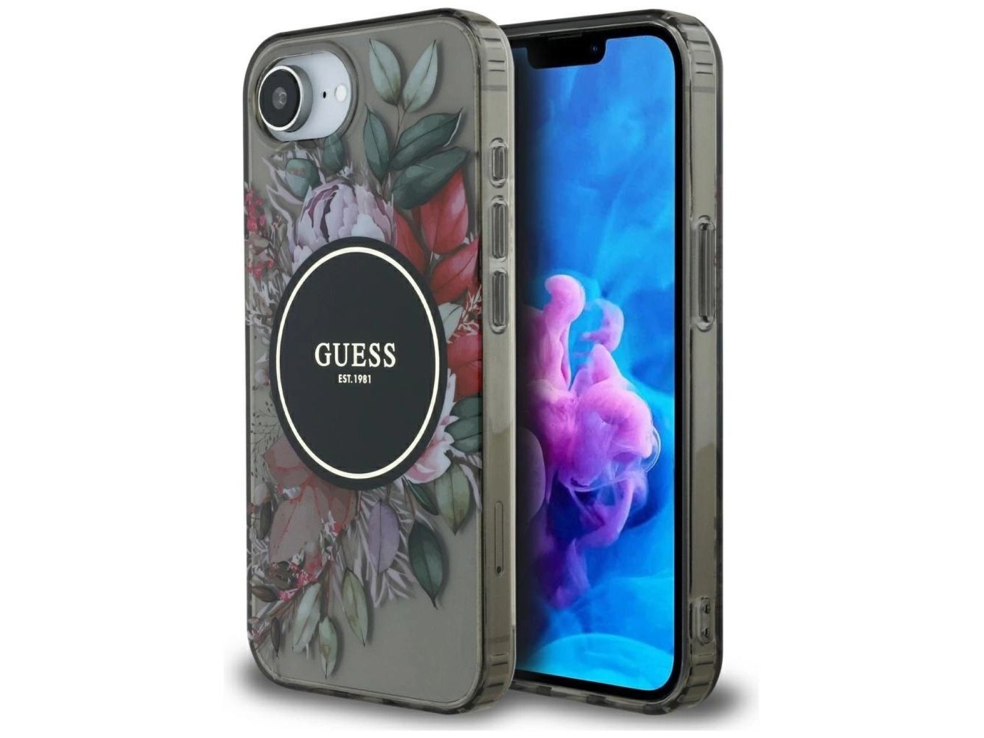 Capa Guess IML Flowers MagSafe para iPhone 16e - Preta
