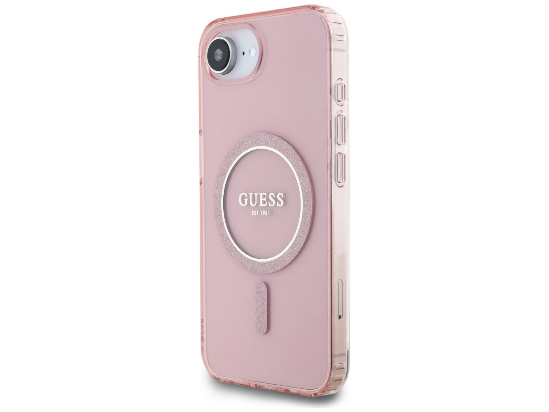 Capa Guess IML Glitter Circle MagSafe para iPhone 16e - rosa