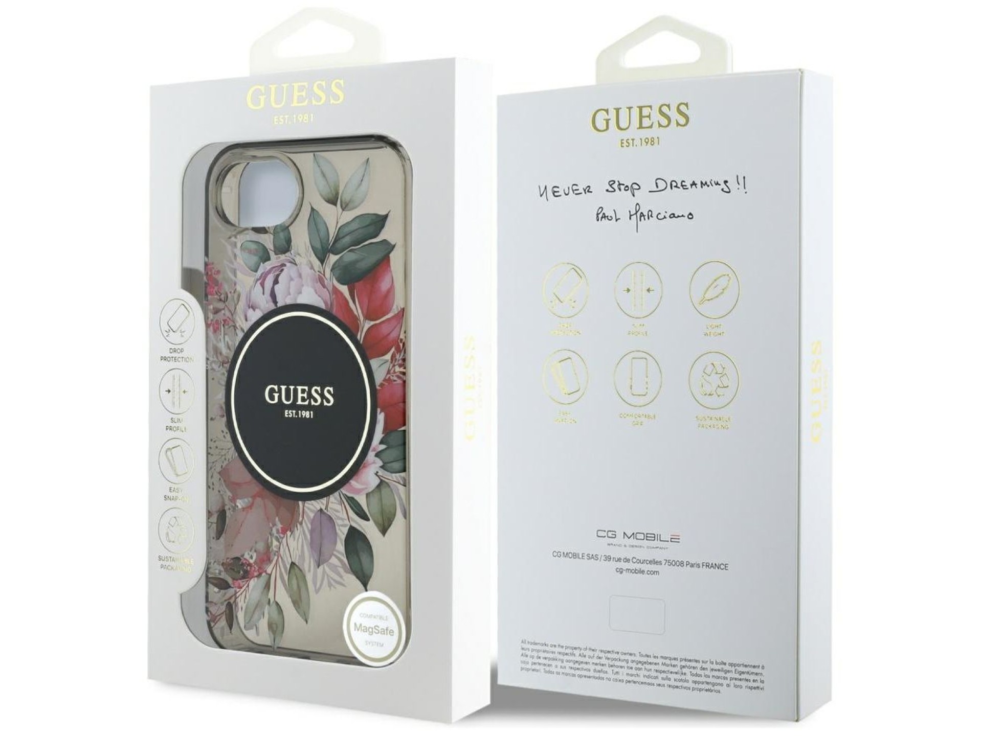 Capa Guess IML Flowers MagSafe para iPhone 16e - Preta