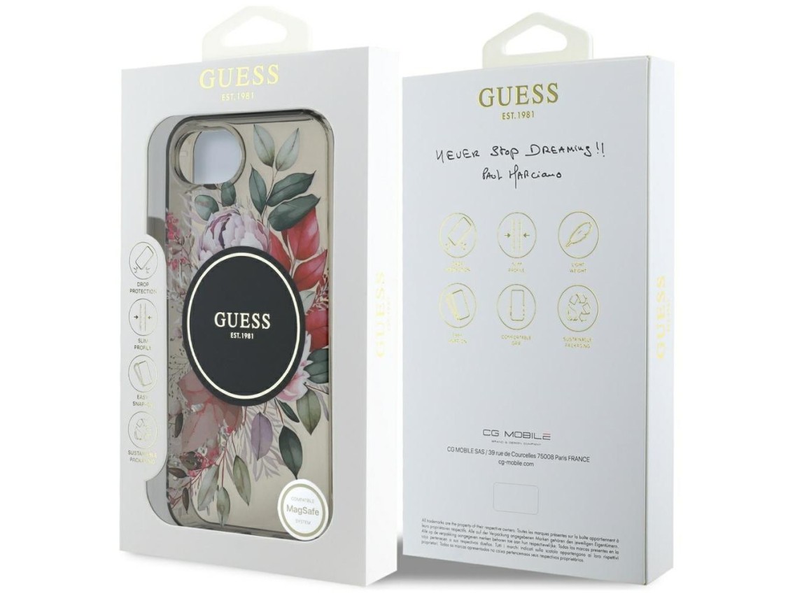 Capa Guess IML Flowers MagSafe para iPhone 16e - Preta