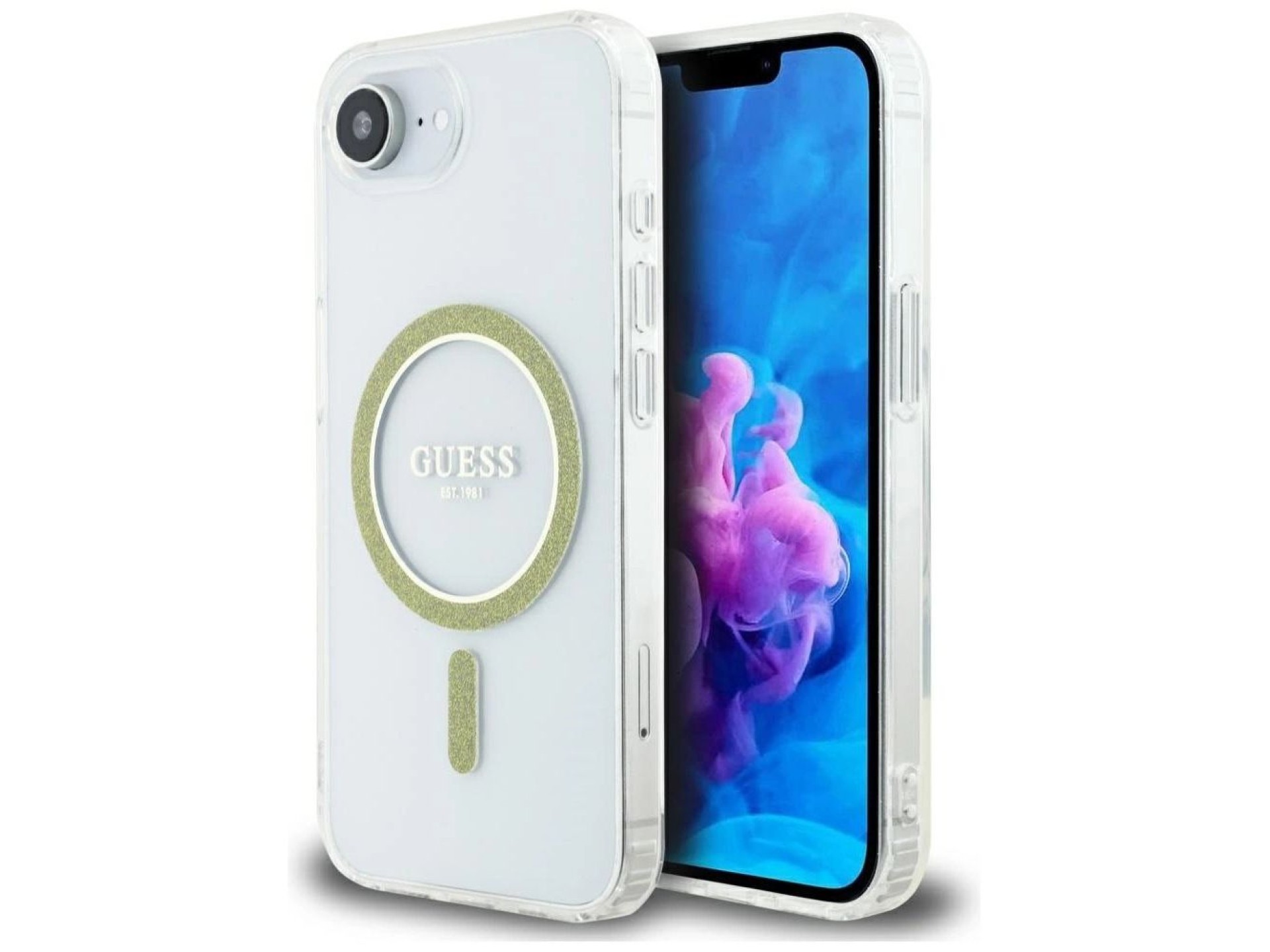 Capa Guess IML Glitter Circle MagSafe para iPhone 16e - Transparente