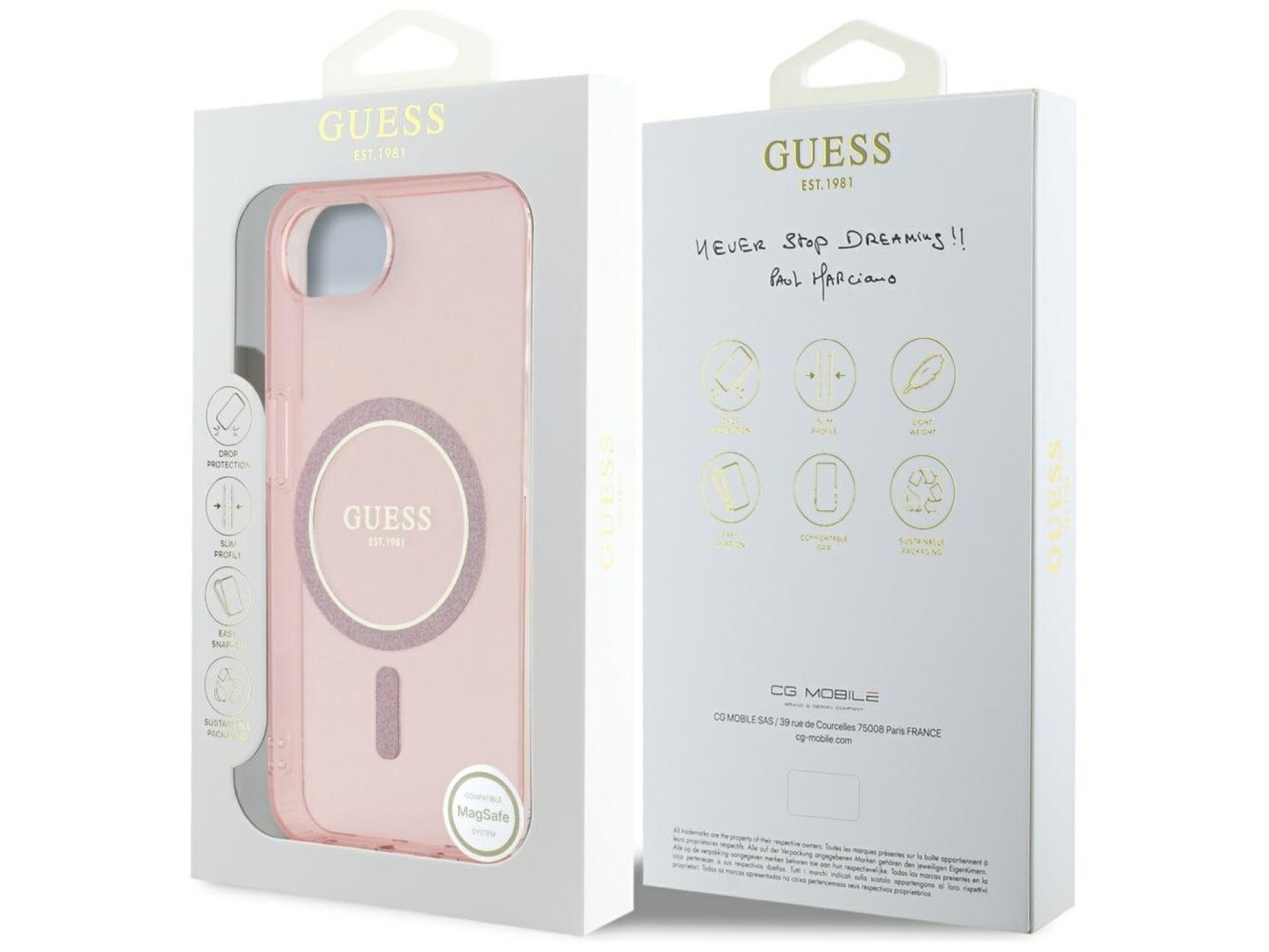 Capa Guess IML Glitter Circle MagSafe para iPhone 16e - rosa