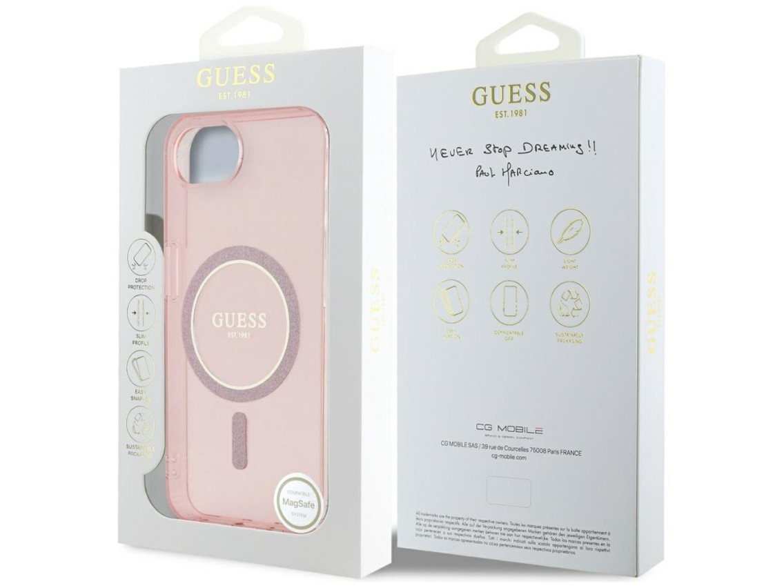 Capa Guess IML Glitter Circle MagSafe para iPhone 16e - rosa
