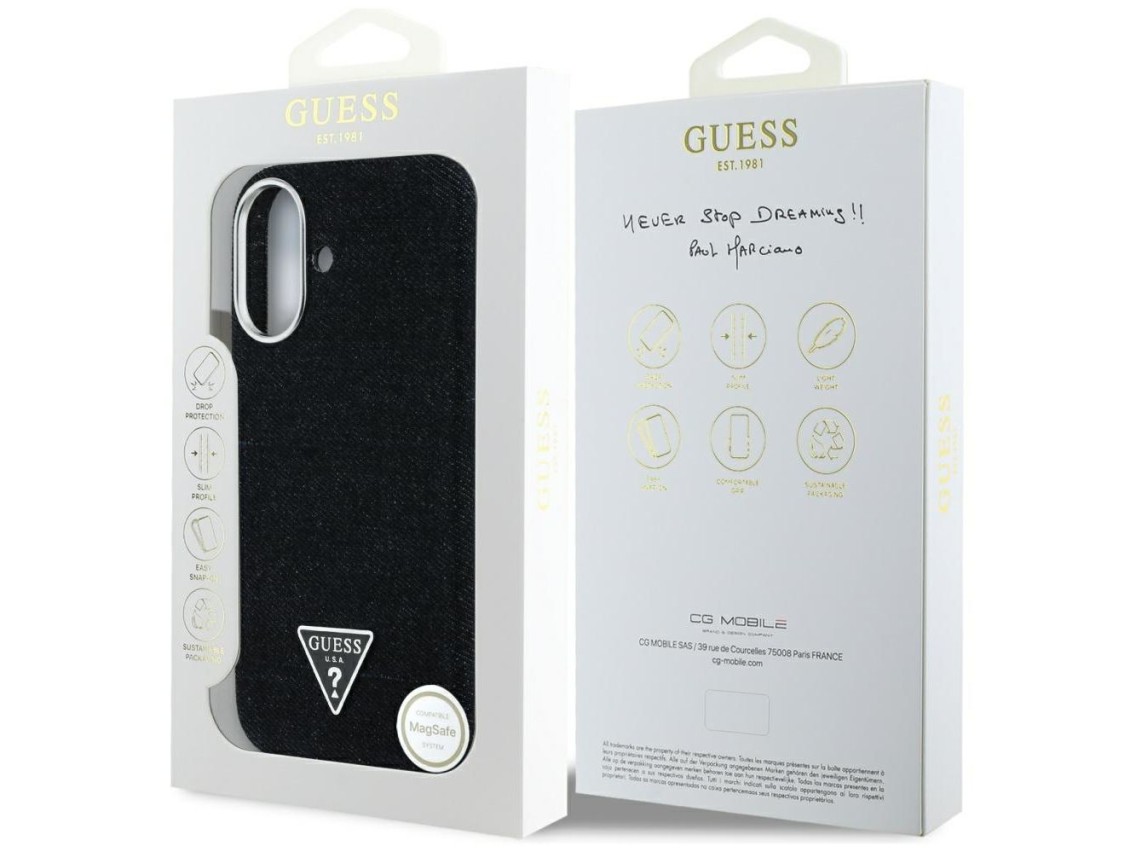 Capa MagSafe Guess Denim Triangle Logo para iPhone 16 - preta