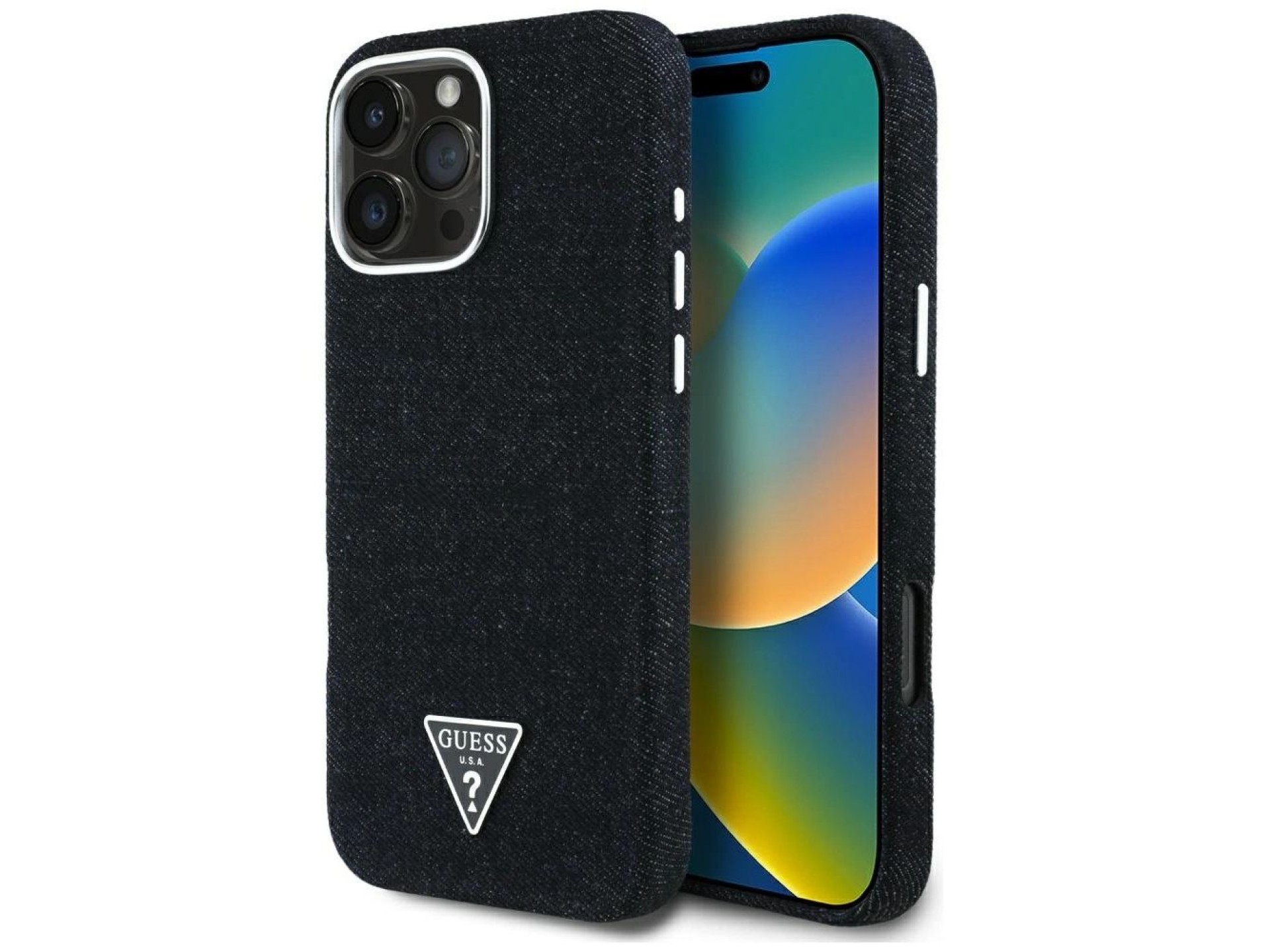 Capa Guess Denim Triangle Logo MagSafe para iPhone 16 Pro Max - Preta