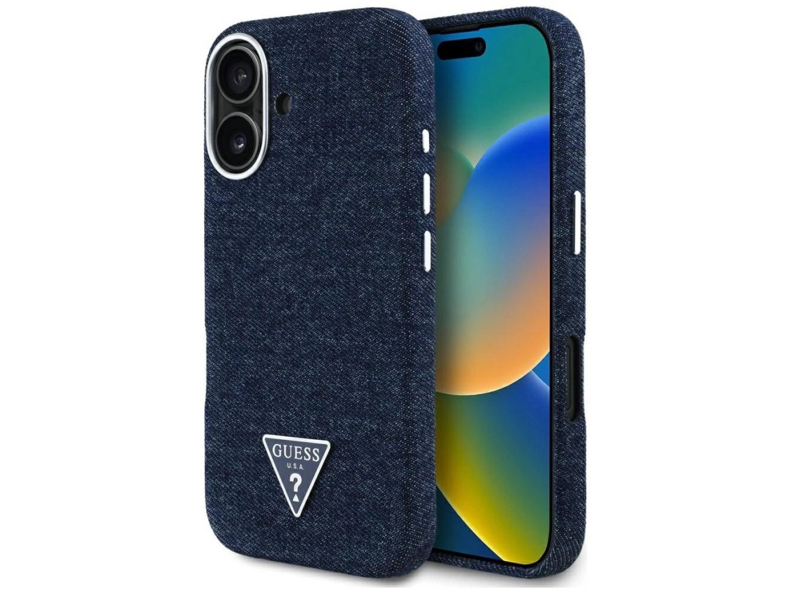 Funda Guess Denim Triangle Logo MagSafe para iPhone 16 - Azul