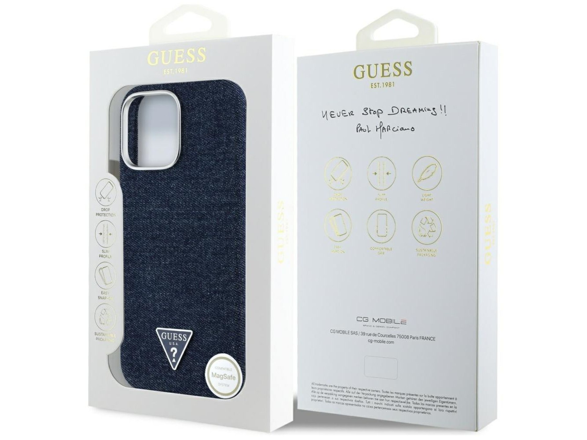 Capa Guess Denim Triangle Logo MagSafe para iPhone 16 Pro Max - Azul